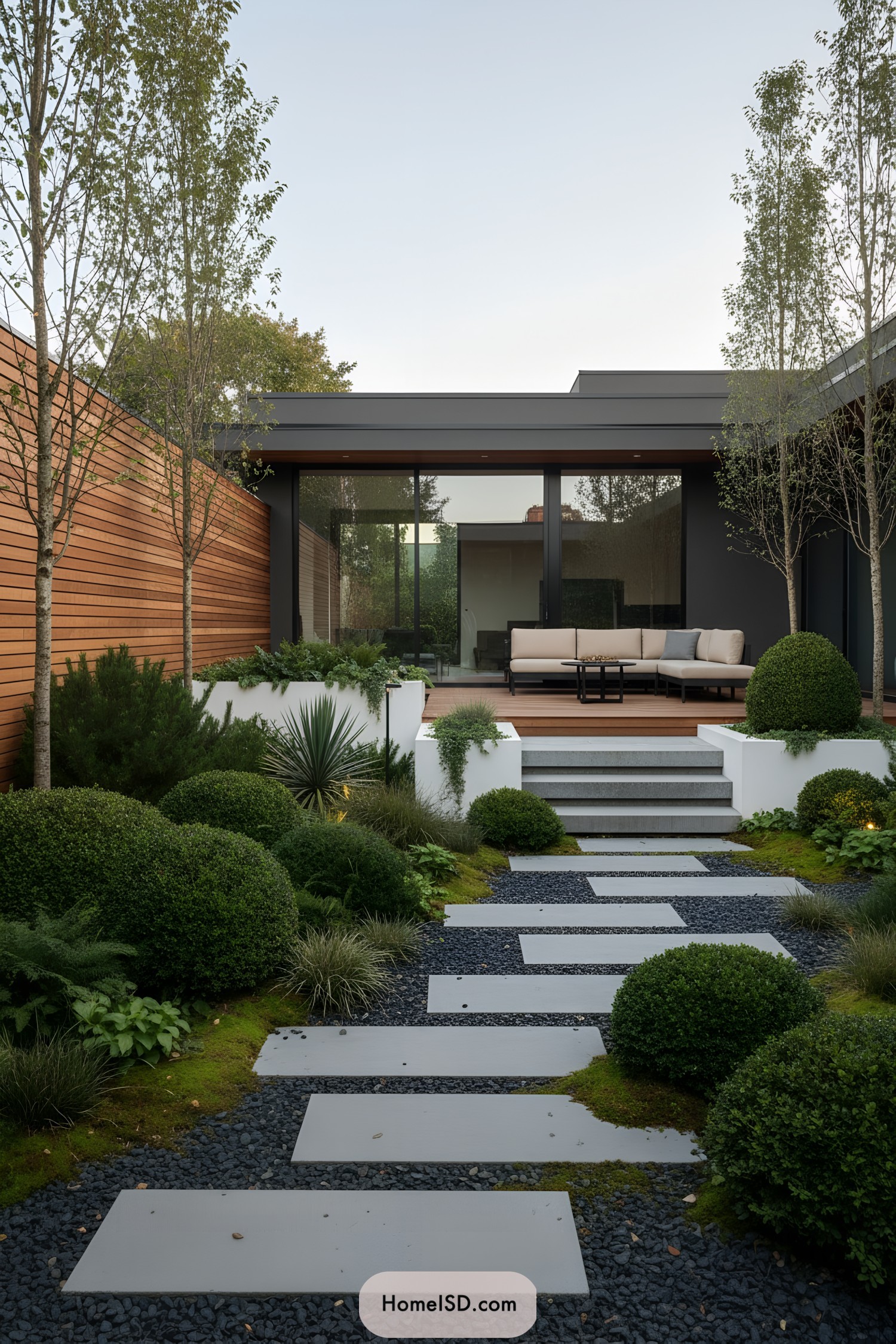 Stepping-stone path through moss and dark gravel leading to a modern deck with white planters and a cedar privacy wall