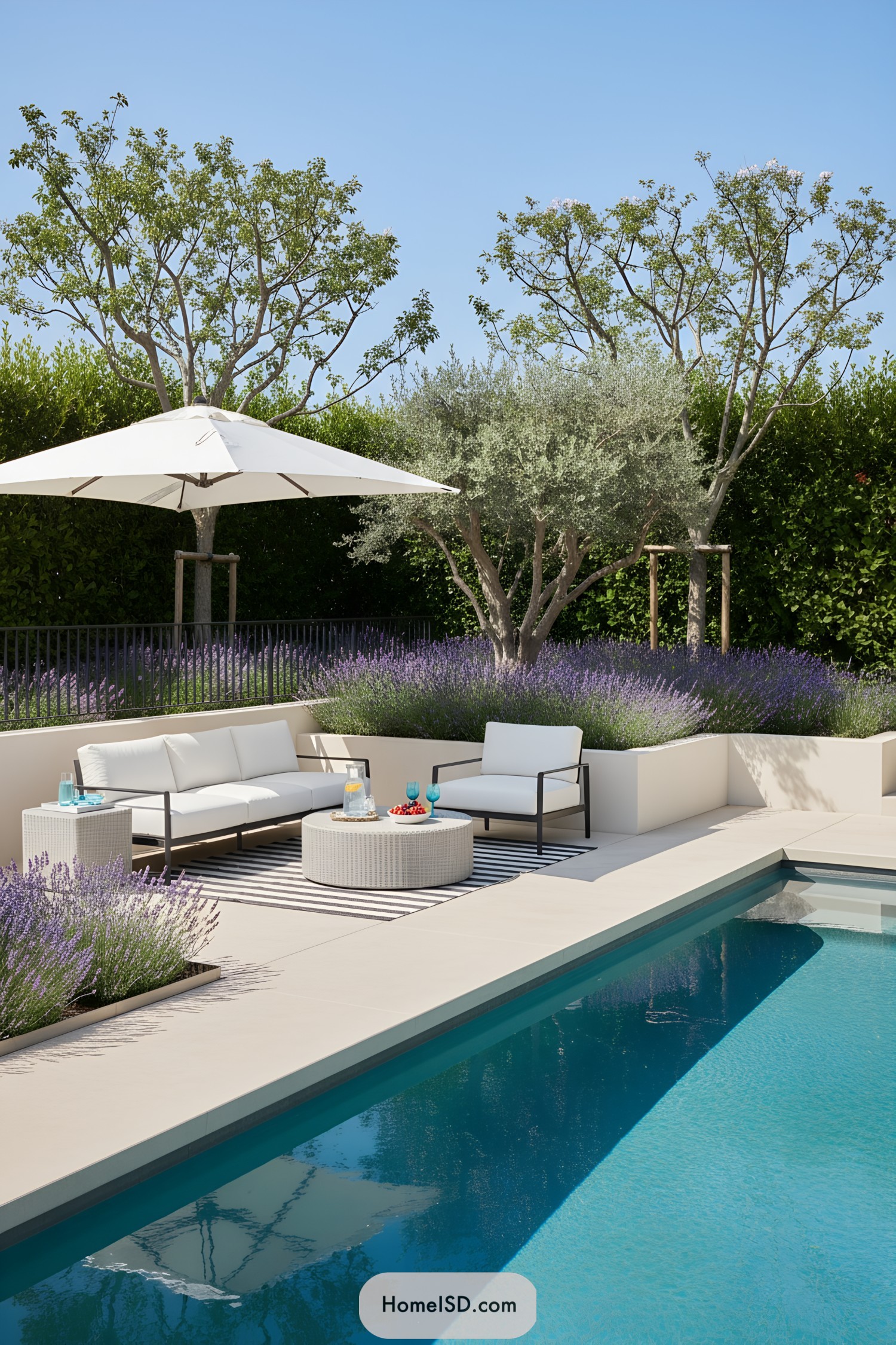 Modern pool patio with white seating, umbrella, and purple borders