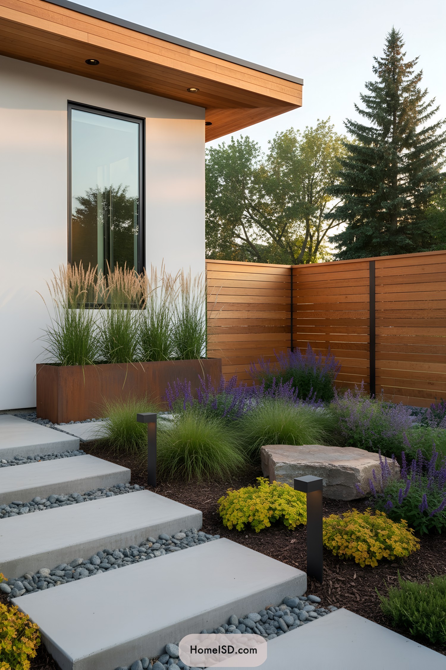 Concrete stepping stones, corten planter, ornamental grasses, lavender, and cedar slat fence