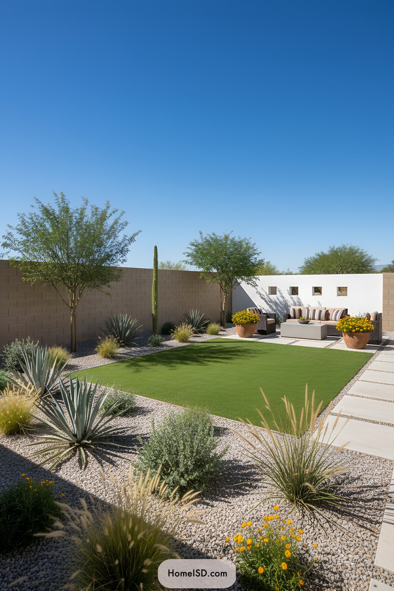 Modern desert yard with agaves, gravel, rectangular turf, pavers, and cushioned seating by block walls