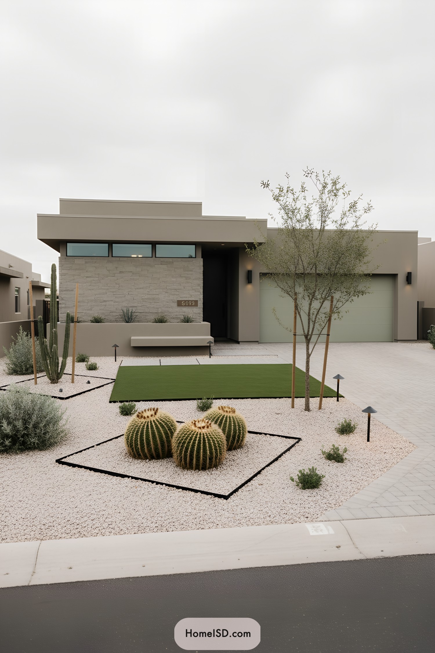 Xeriscape front yard with barrel cacti, saguaro, white gravel, and geometric black-edged beds beside a modern home