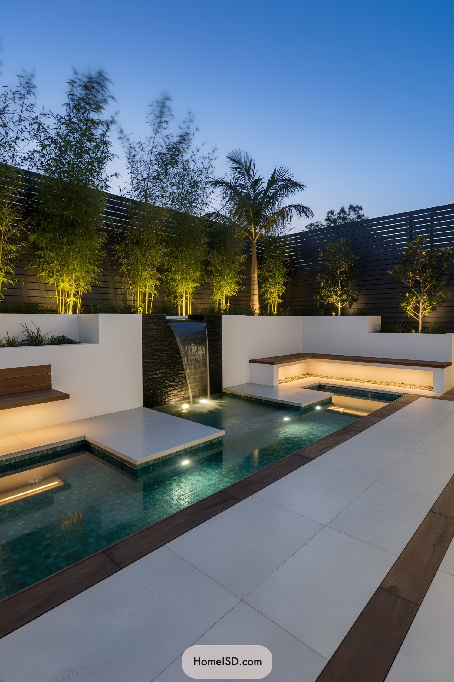 Contemporary courtyard with lit bamboo, waterfall wall, teal-tiled pool, and floating pads