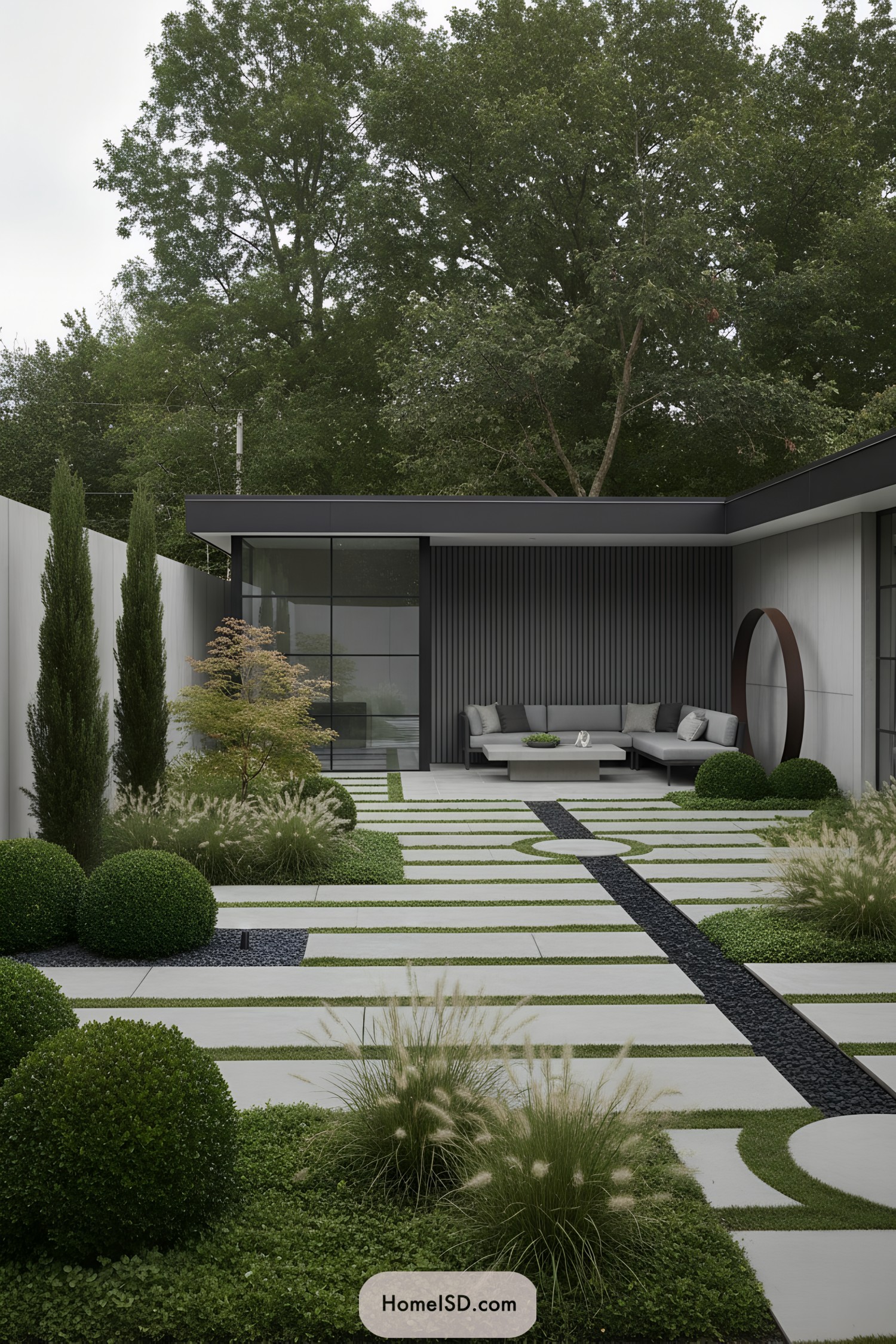 Modern courtyard with grid pavers, black gravel ribbon, boxwood spheres, and gray lounge seating