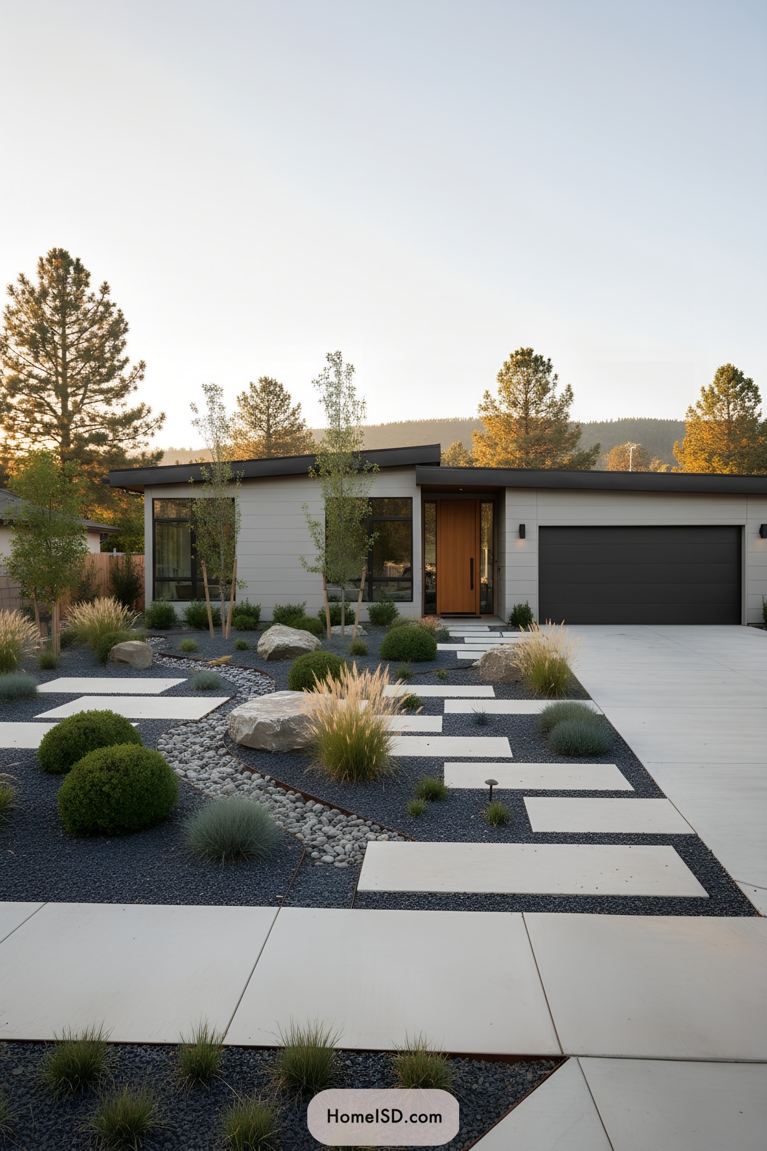 Minimalist front yard with ivory pavers, charcoal gravel, dry pebble stream, boulders, grasses, and a warm wood entry door
