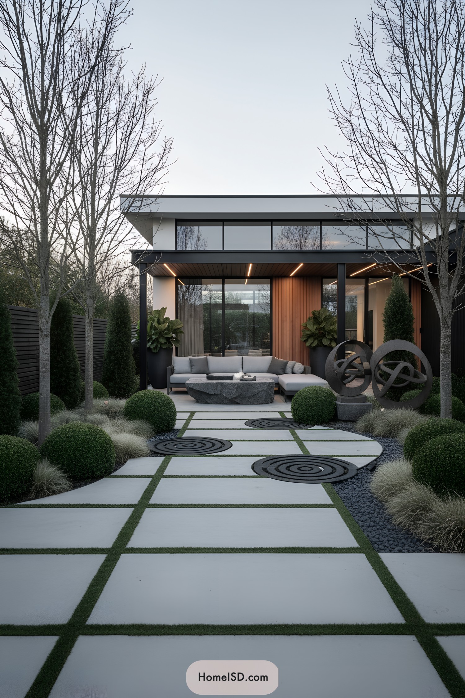 Minimalist patio with checker slabs, spiral discs, stone fire table, and sculpted greenery under a black canopy