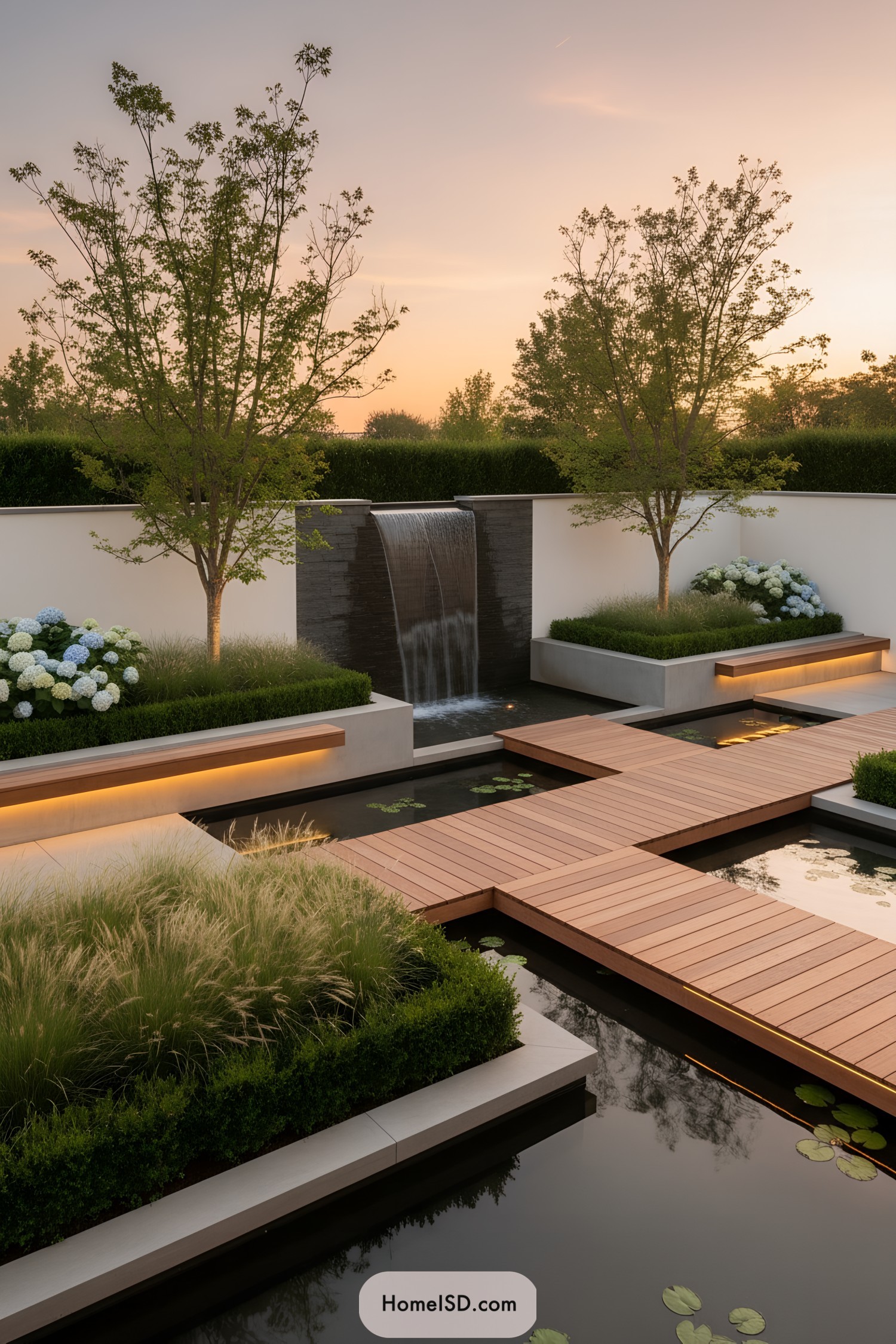Modern courtyard with wooden bridges over reflecting ponds and a slate waterfall