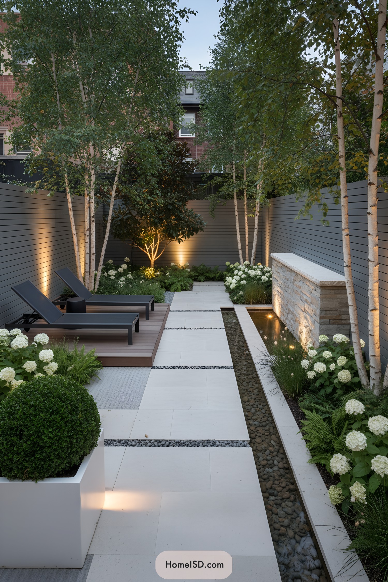 Modern backyard with birch trees, limestone pavers, pebble rill, stone water wall, and deck loungers under warm lighting