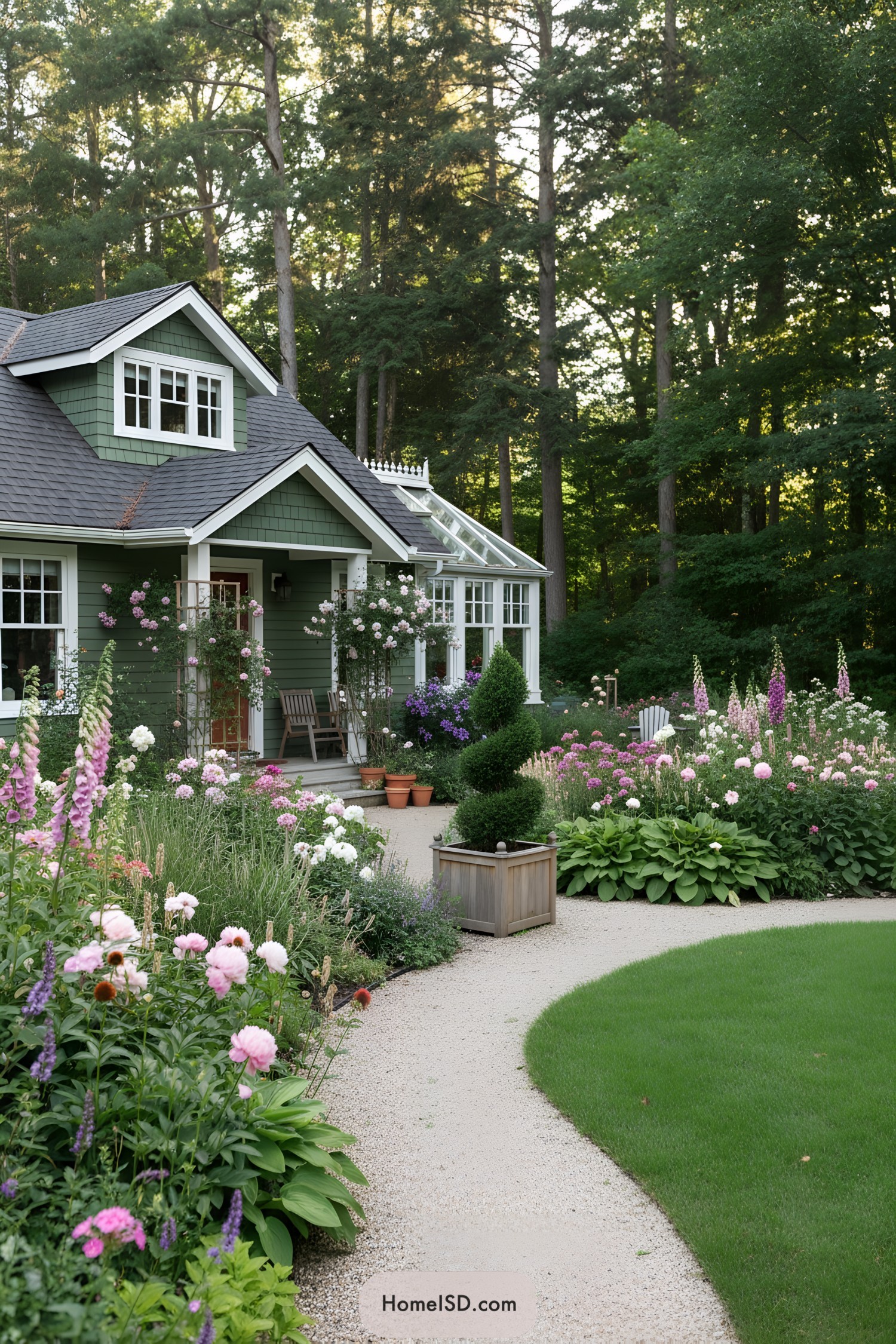 Curving gravel path by green cottage with lush pink and purple cottage flowers and topiary