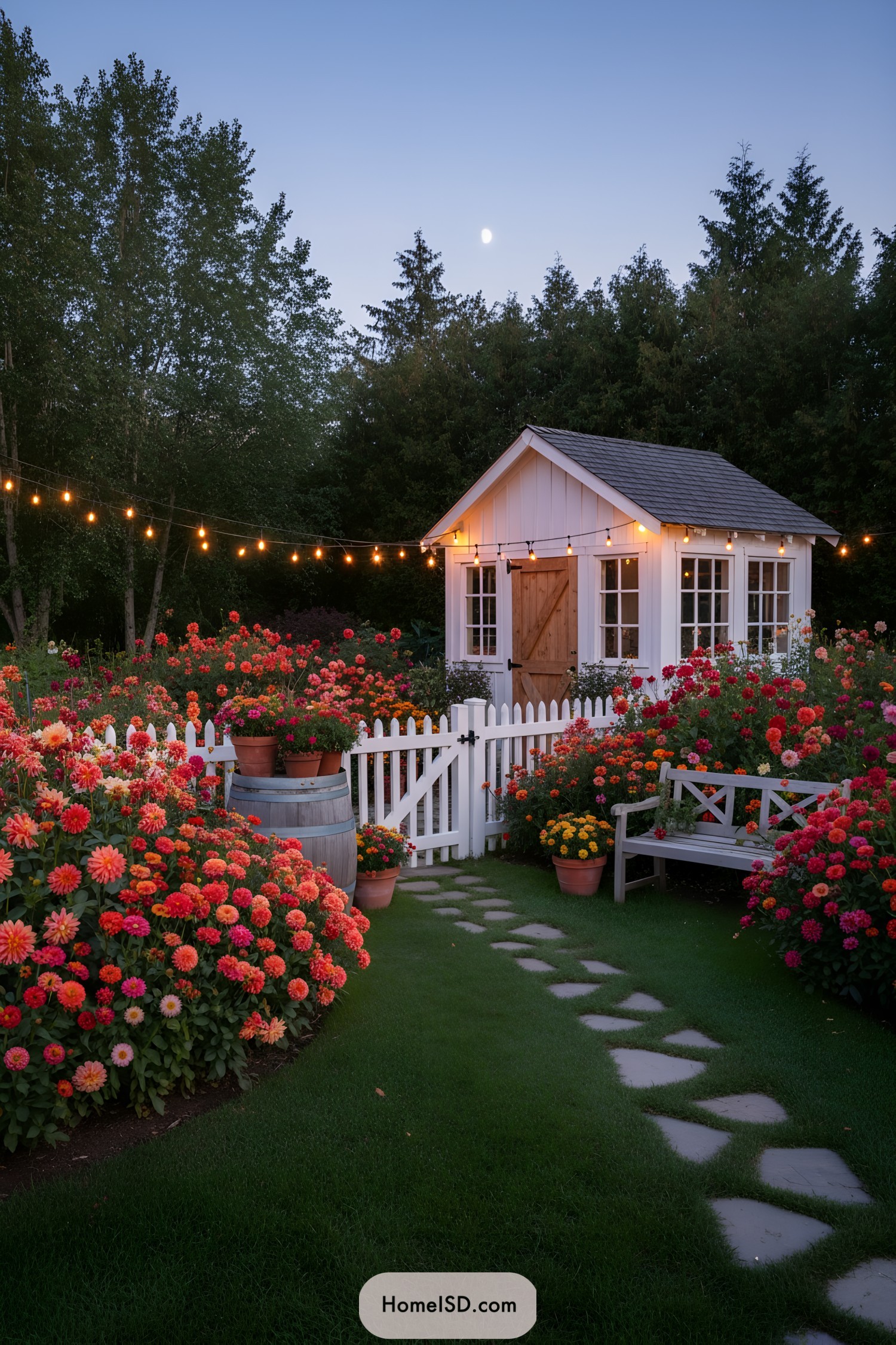 Cozy white shed amid glowing string-lit dahlias
