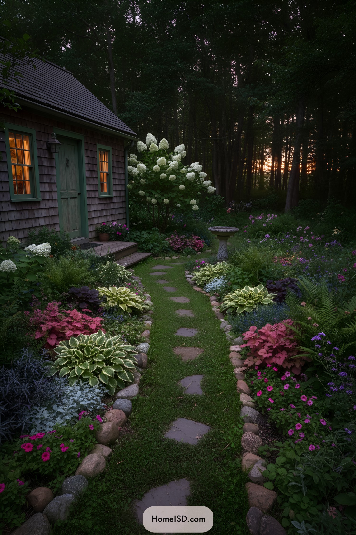 Stepping-stone lawn path flanked by hostas and hydrangeas beside a shingled cottage at dusk
