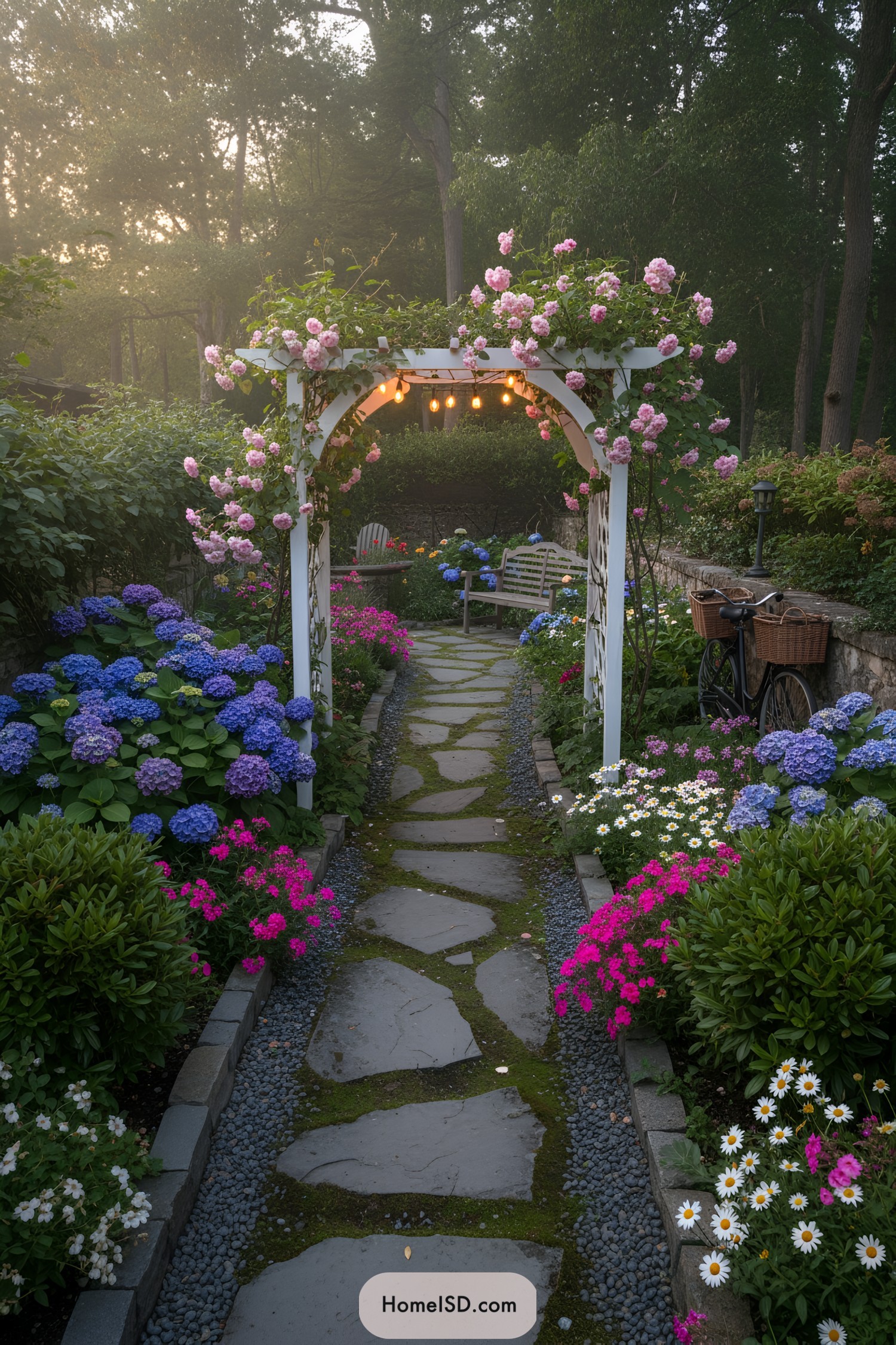 Stone path under rose-draped arbor with string lights and hydrangeas on both sides