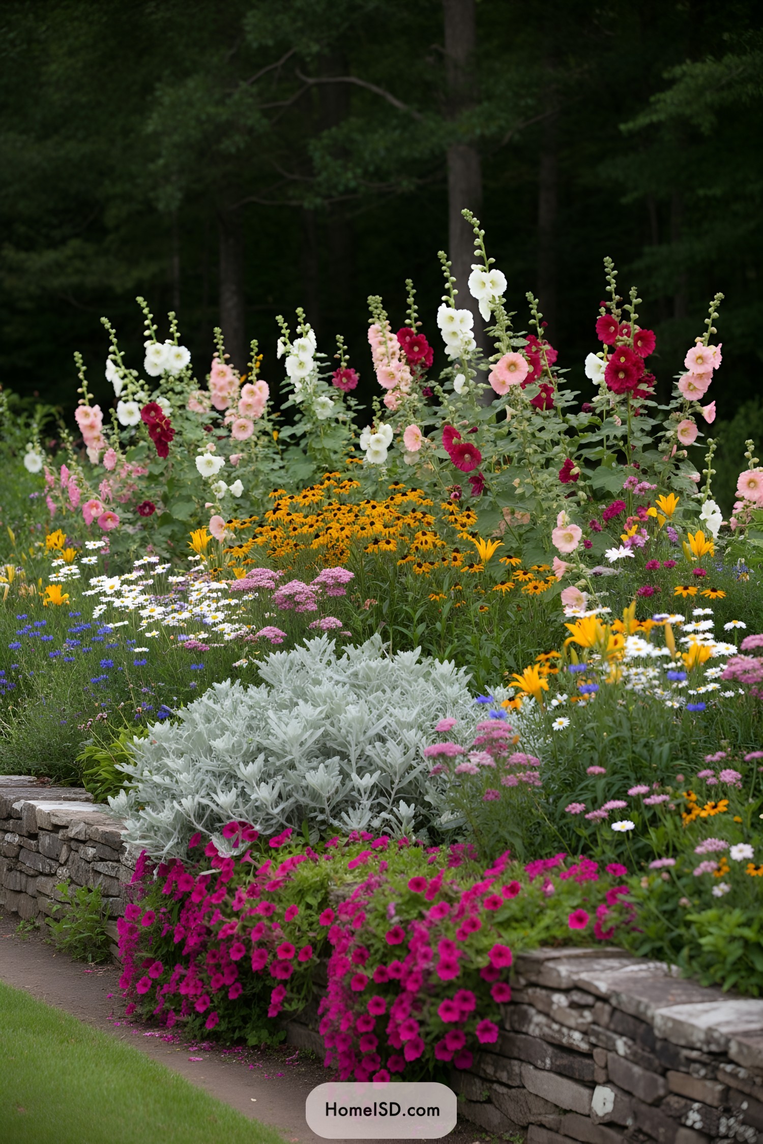 Vibrant cottage flowers along a stone border