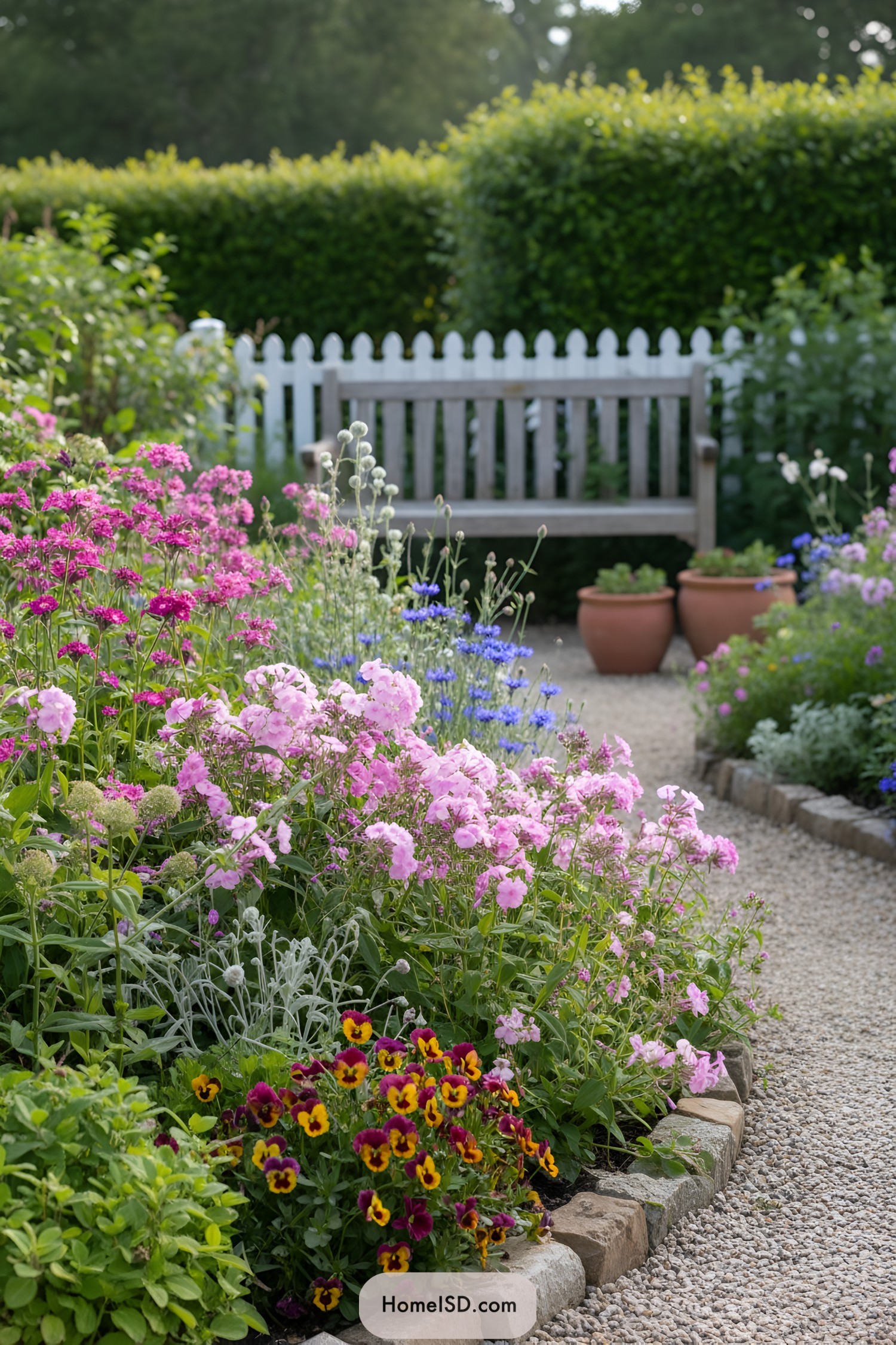 Curved gravel path beside bench and flower border