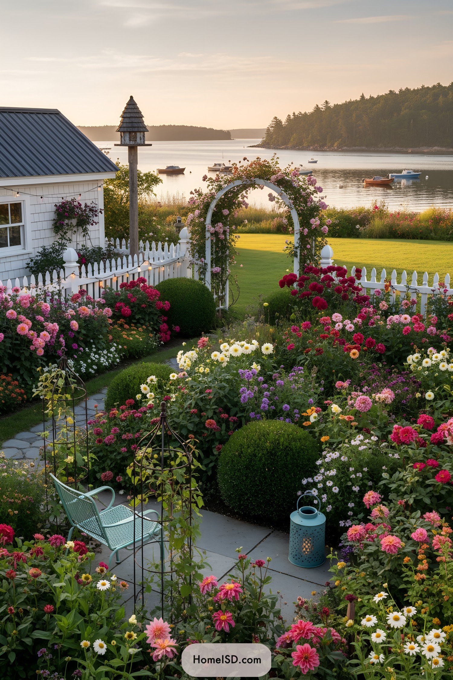 Flower-filled cottage garden with arch, picket fence, and coastal backdrop
