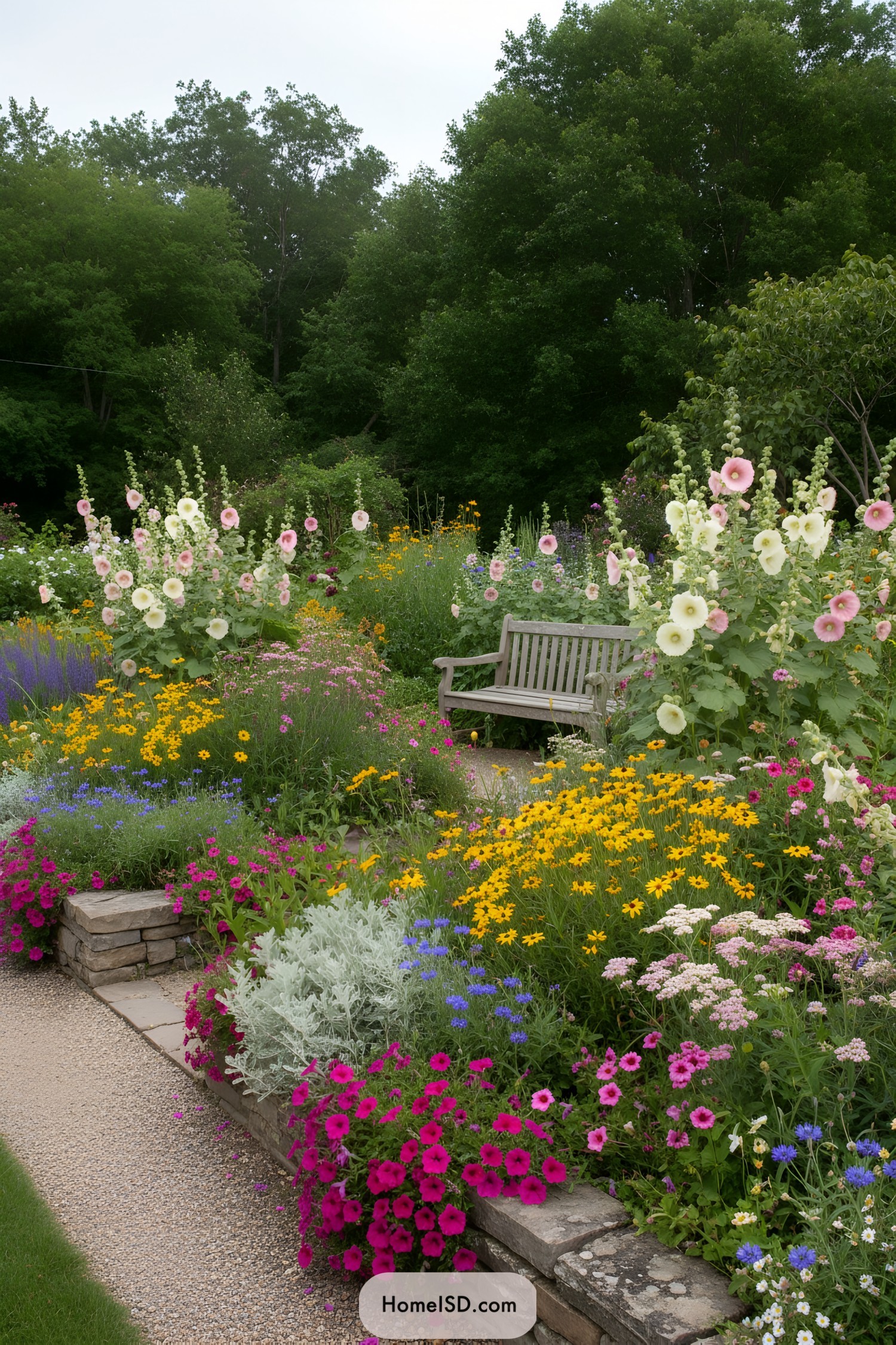 Wood bench amid layered cottage flowers