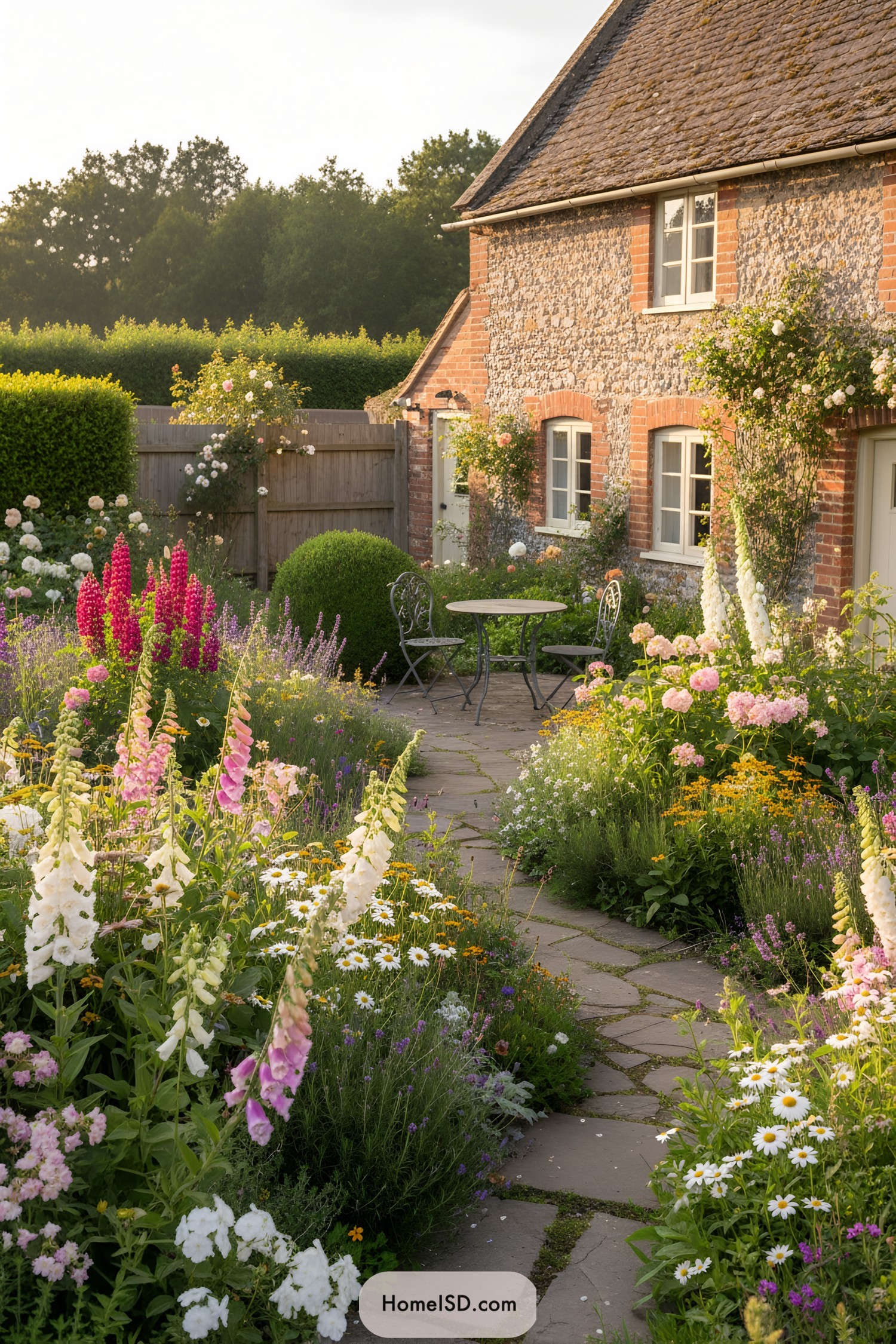 Stone path through lush cottage flowers