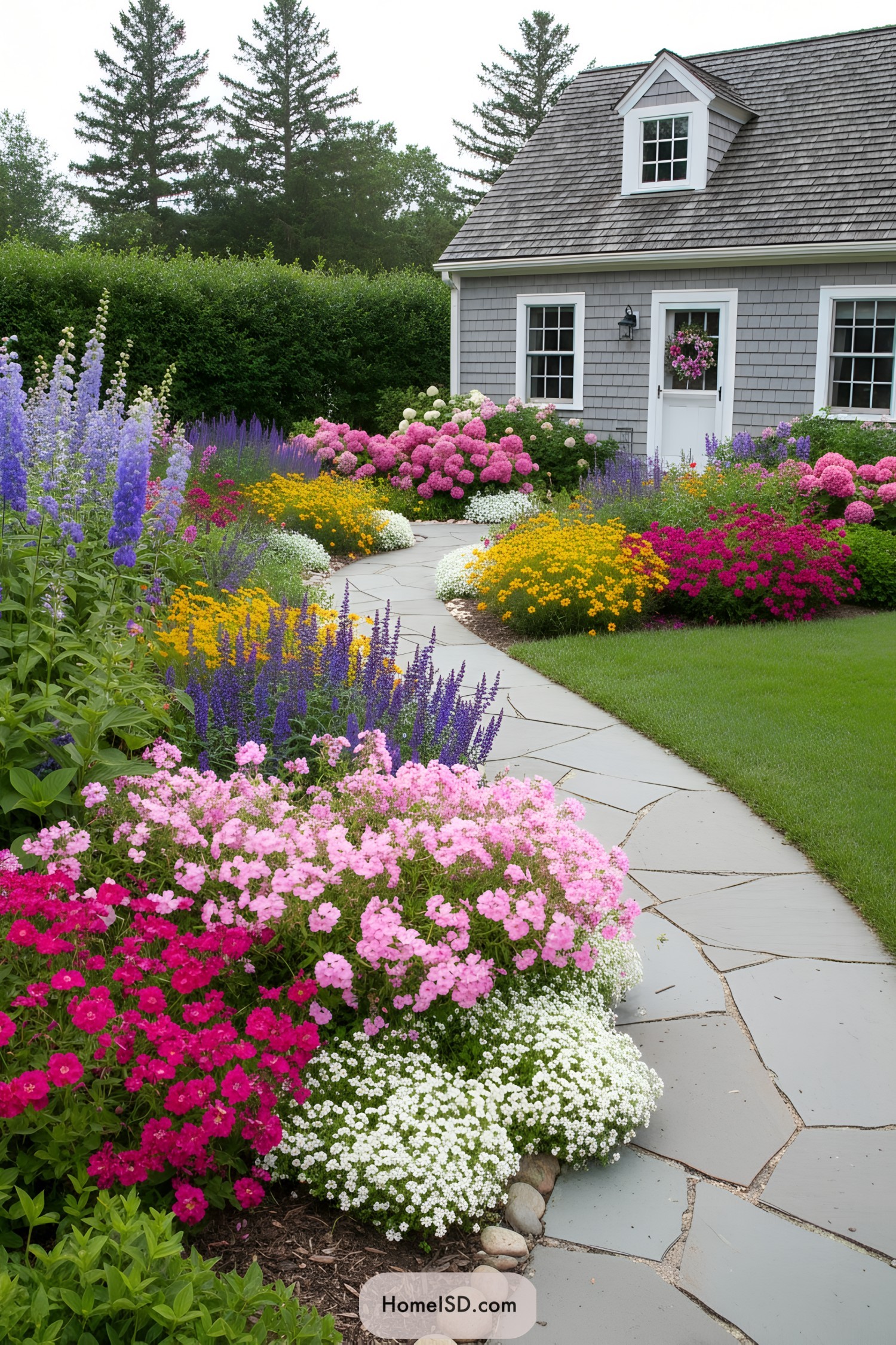 Stone path through colorful cottage borders