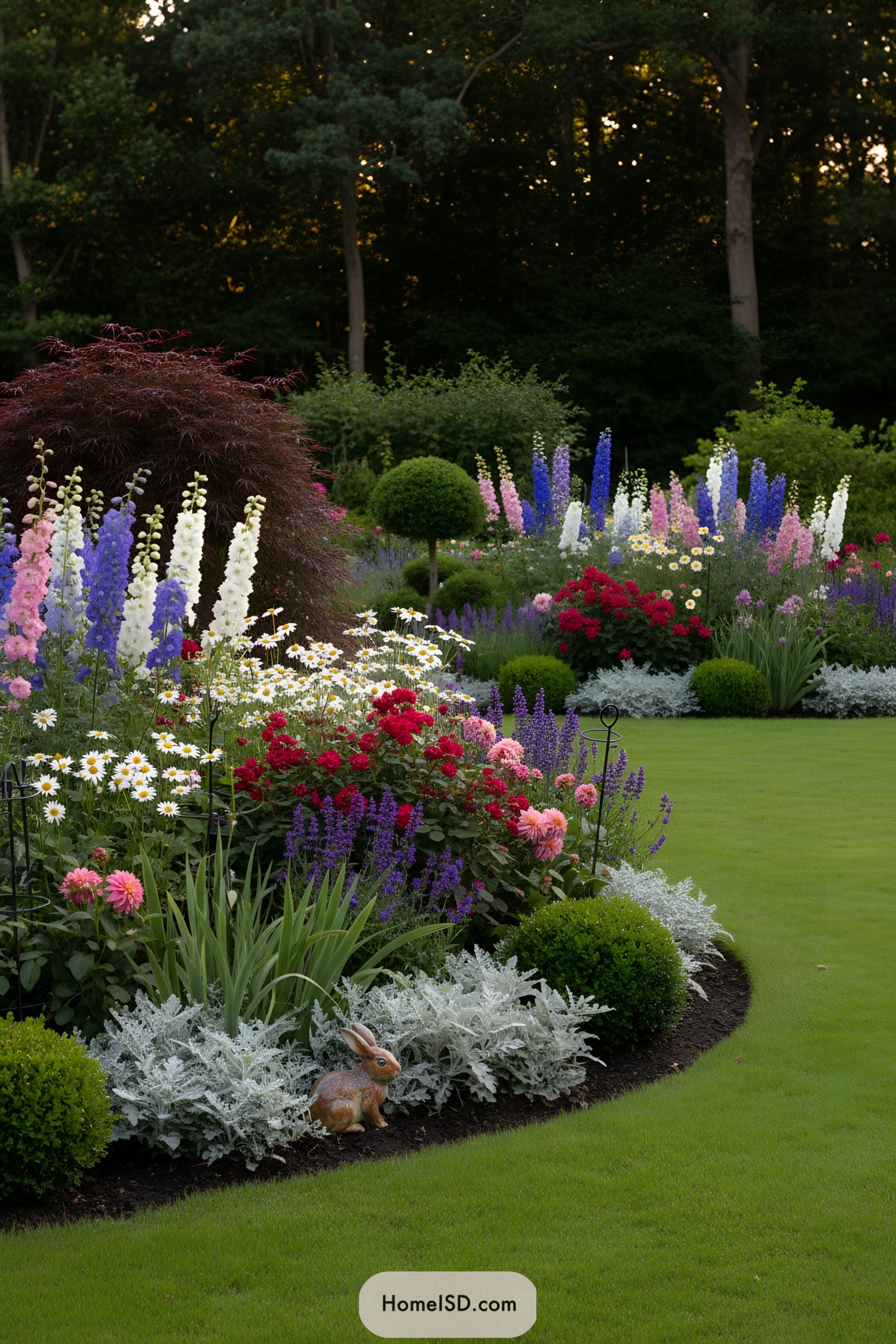 Mixed cottage border with delphiniums, daisies, and boxwood mounds edging a curved lawn