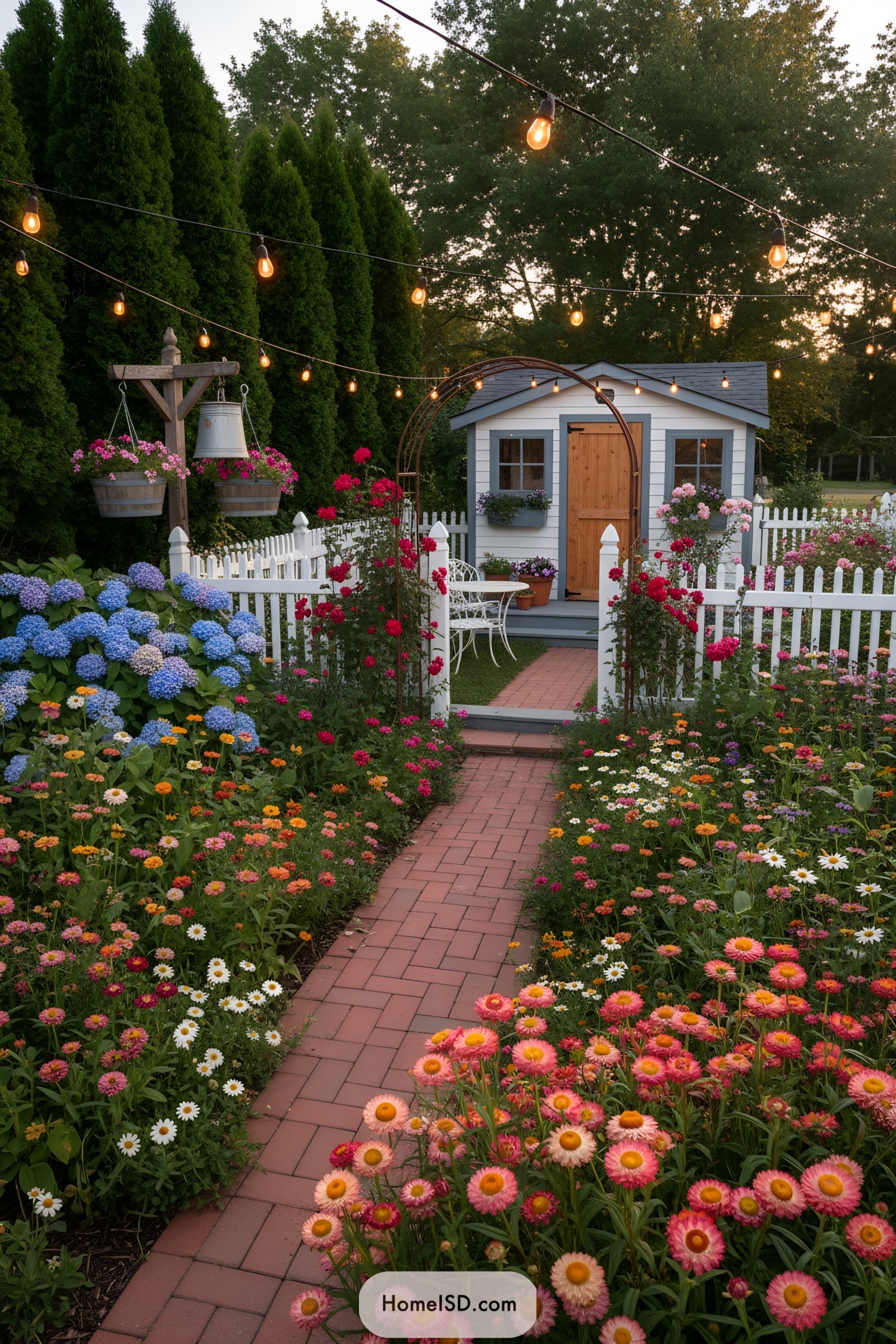 Cottage path with string lights and blooming borders