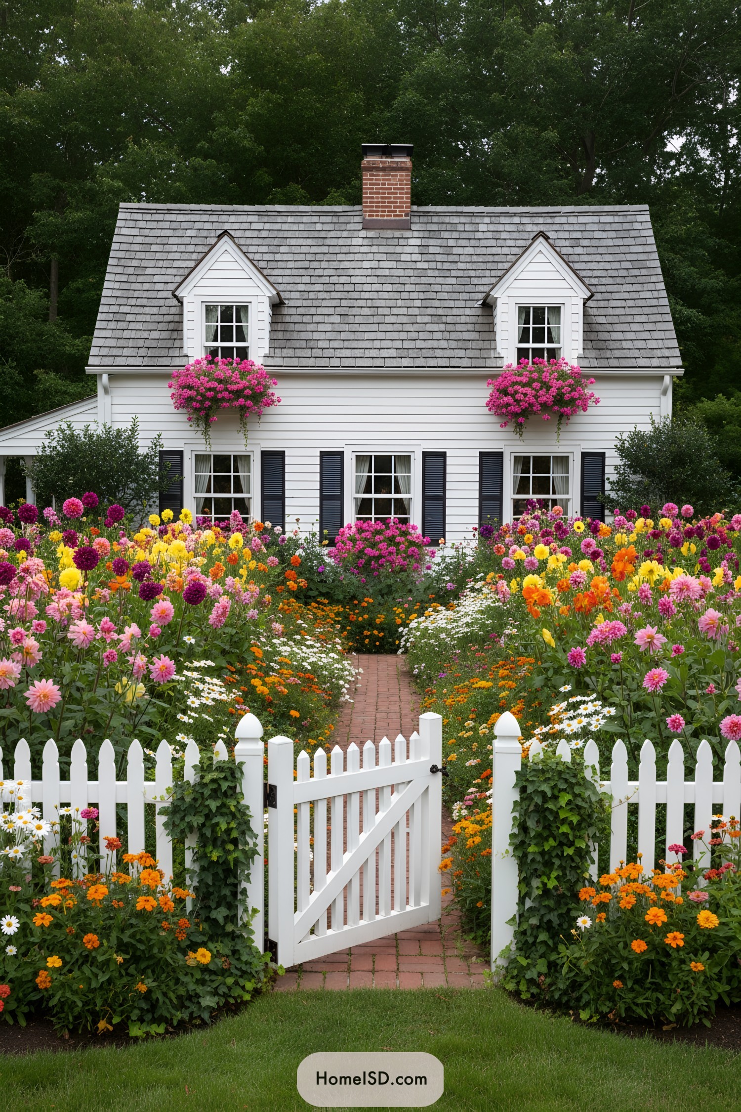 White picket fence garden with colorful blooms