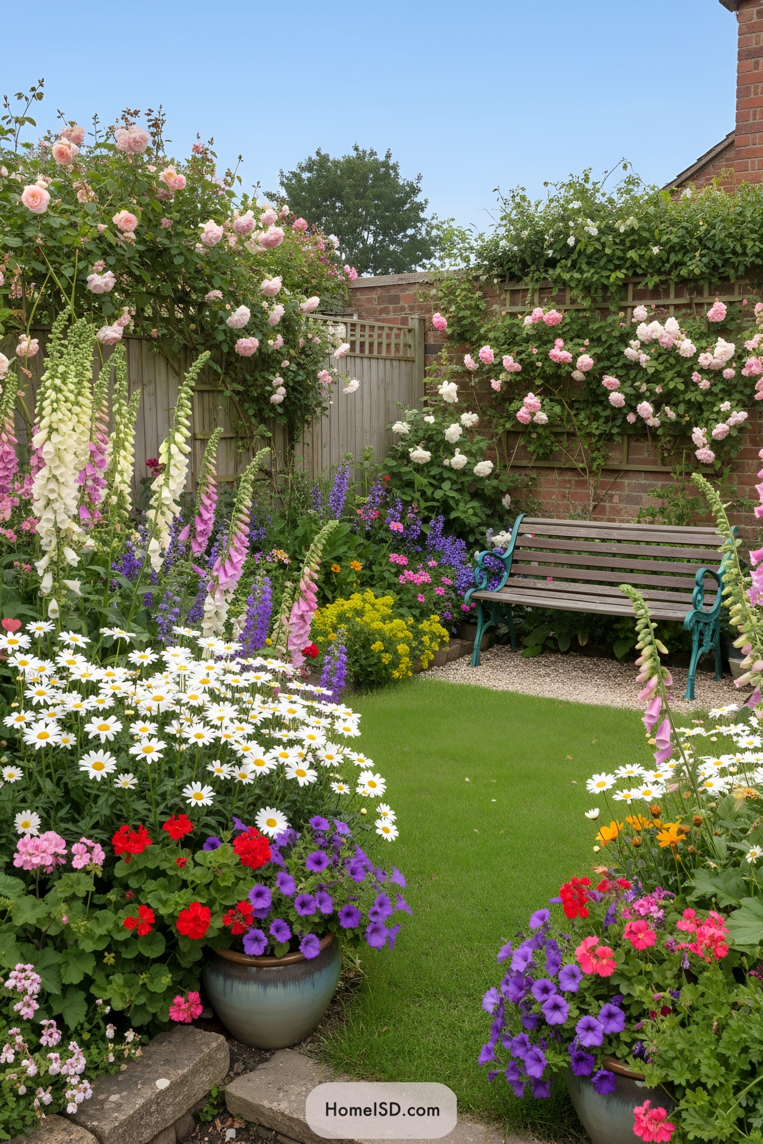 Bench nook amid roses and mixed blooms