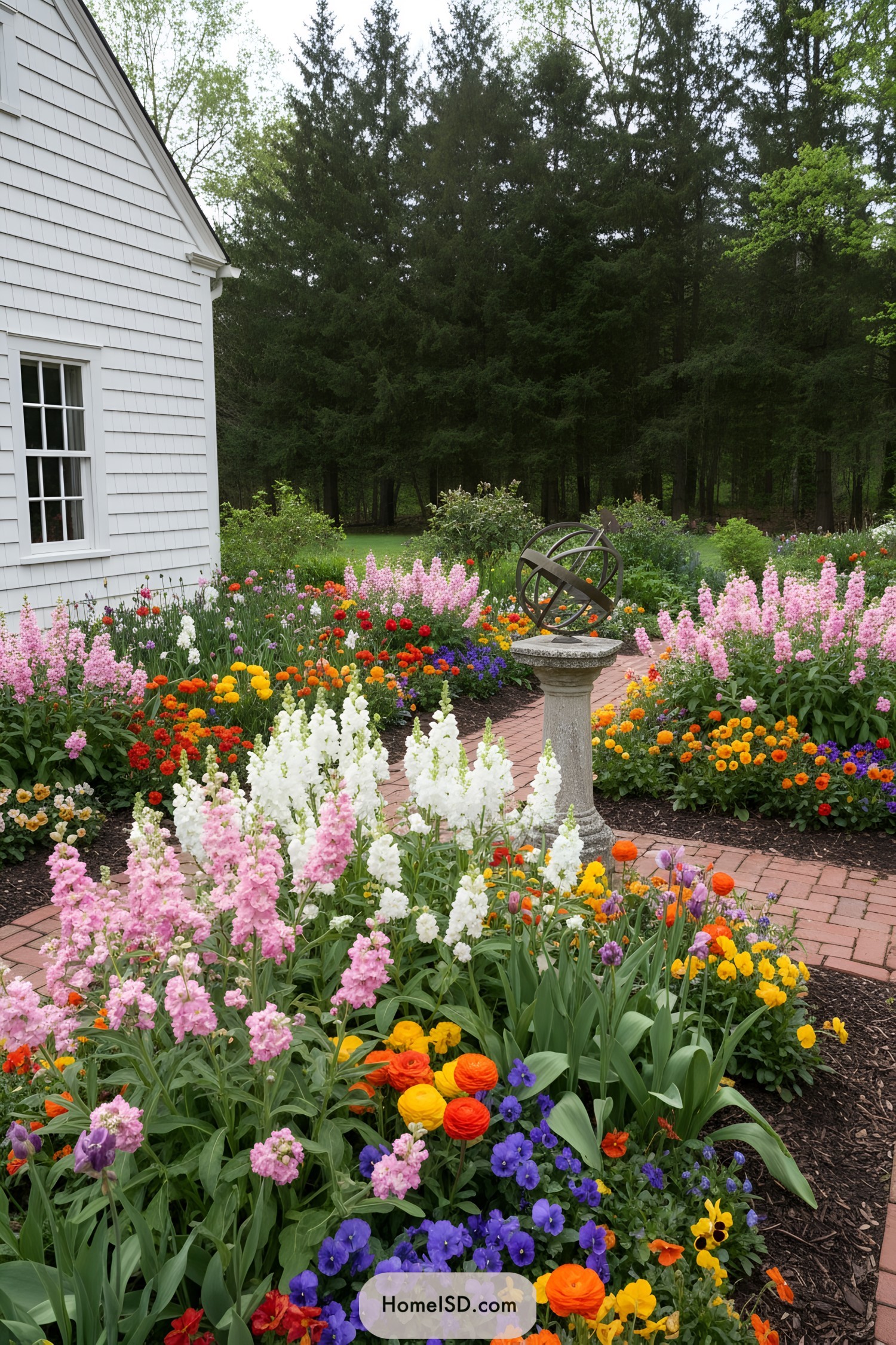 Colorful cottage garden beds with sundial and brick paths