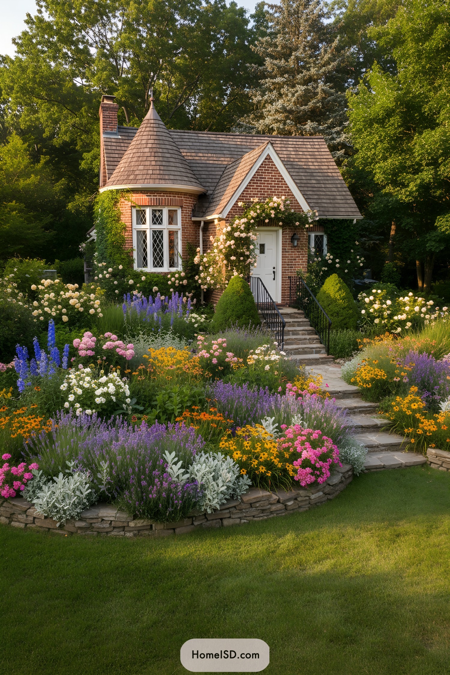 Colorful cottage garden with layered borders
