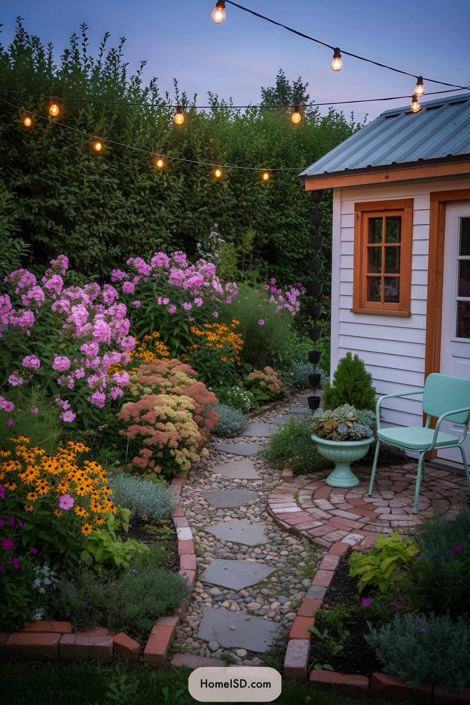 Cozy cottage garden path with blooms and lights