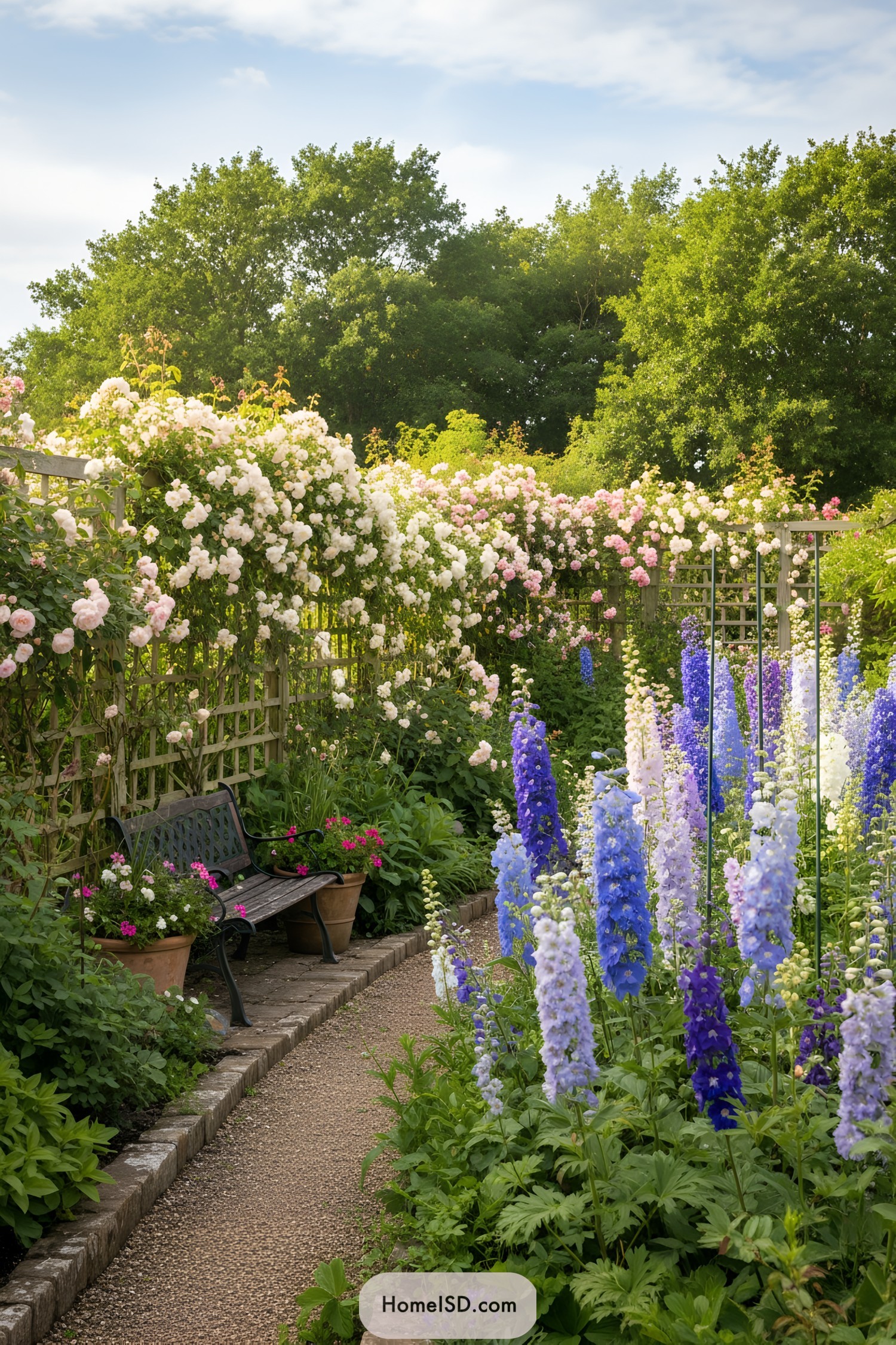 Garden path with bench, roses, and delphiniums