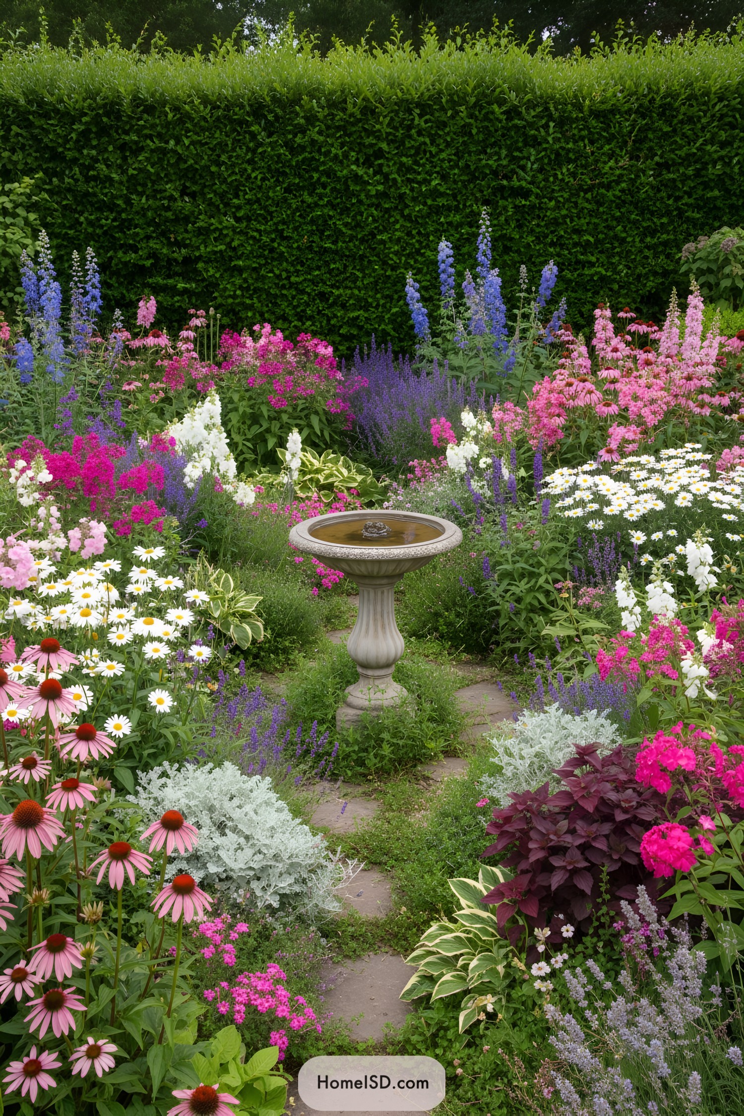 Colorful cottage garden with central birdbath