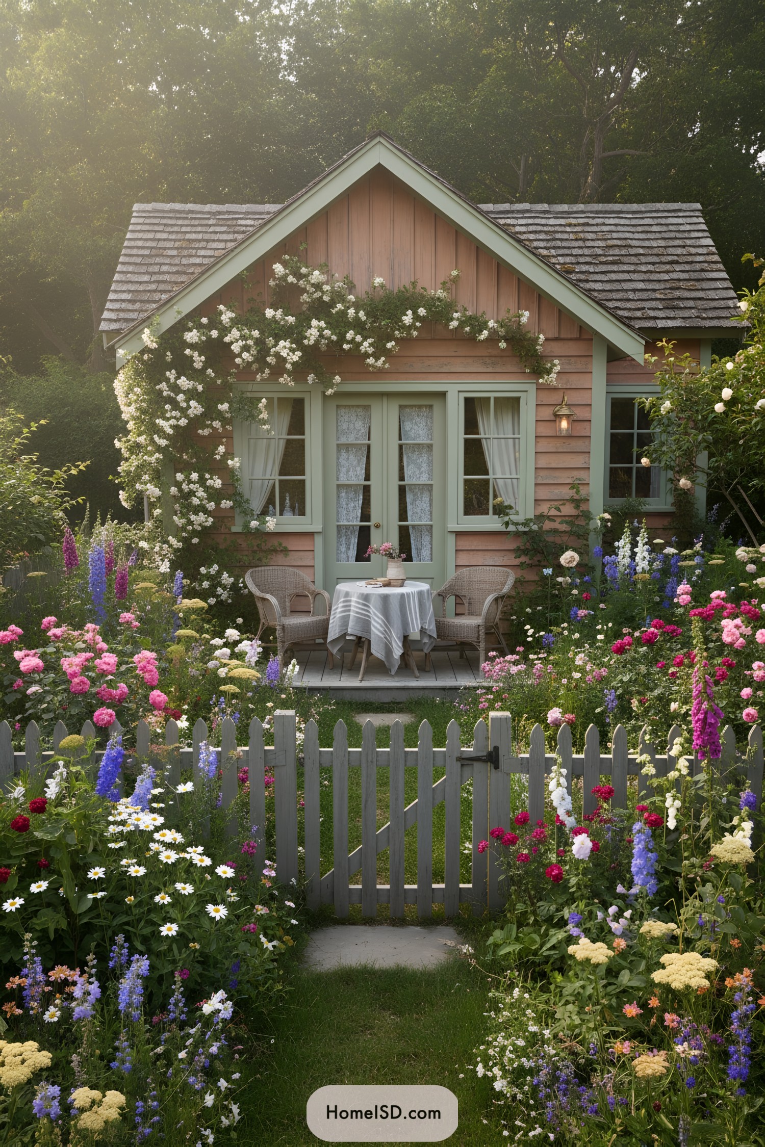 Cottage framed by pastel flowers and picket gate
