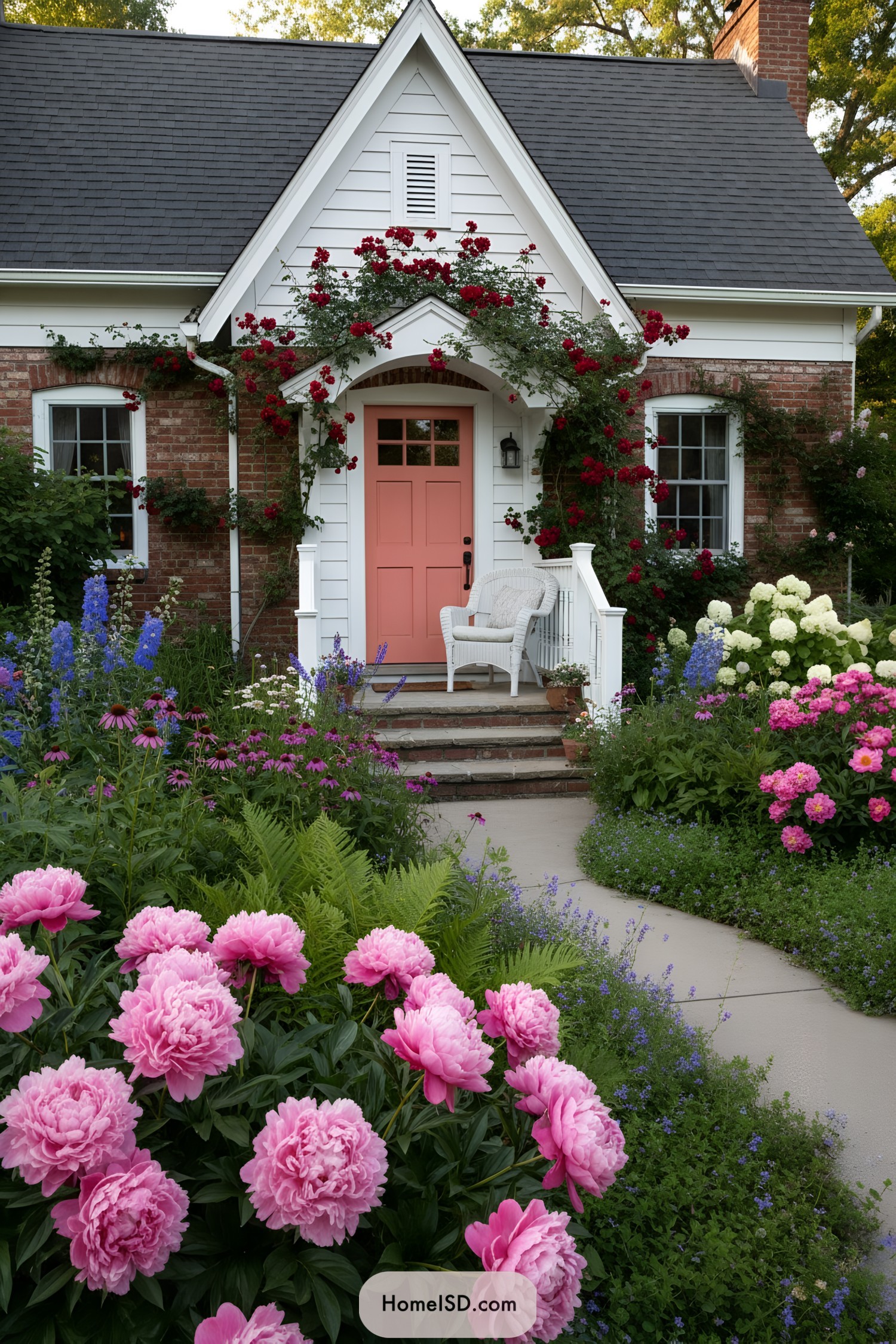 Front path lined with pink peonies, delphiniums, and a coral front door framed by red climbing roses