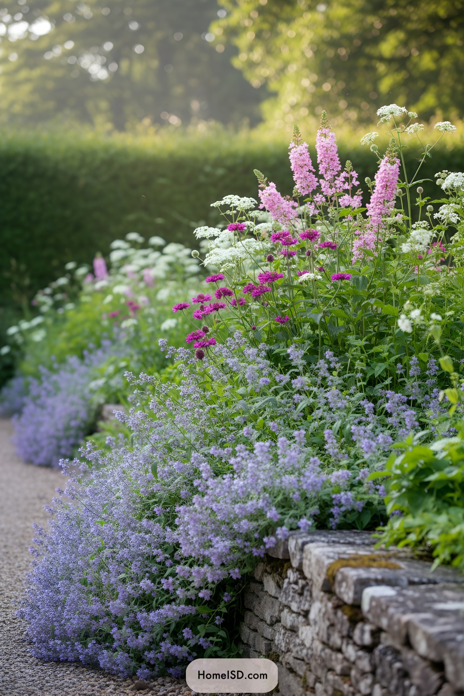Purple and pink blooms along stone edging