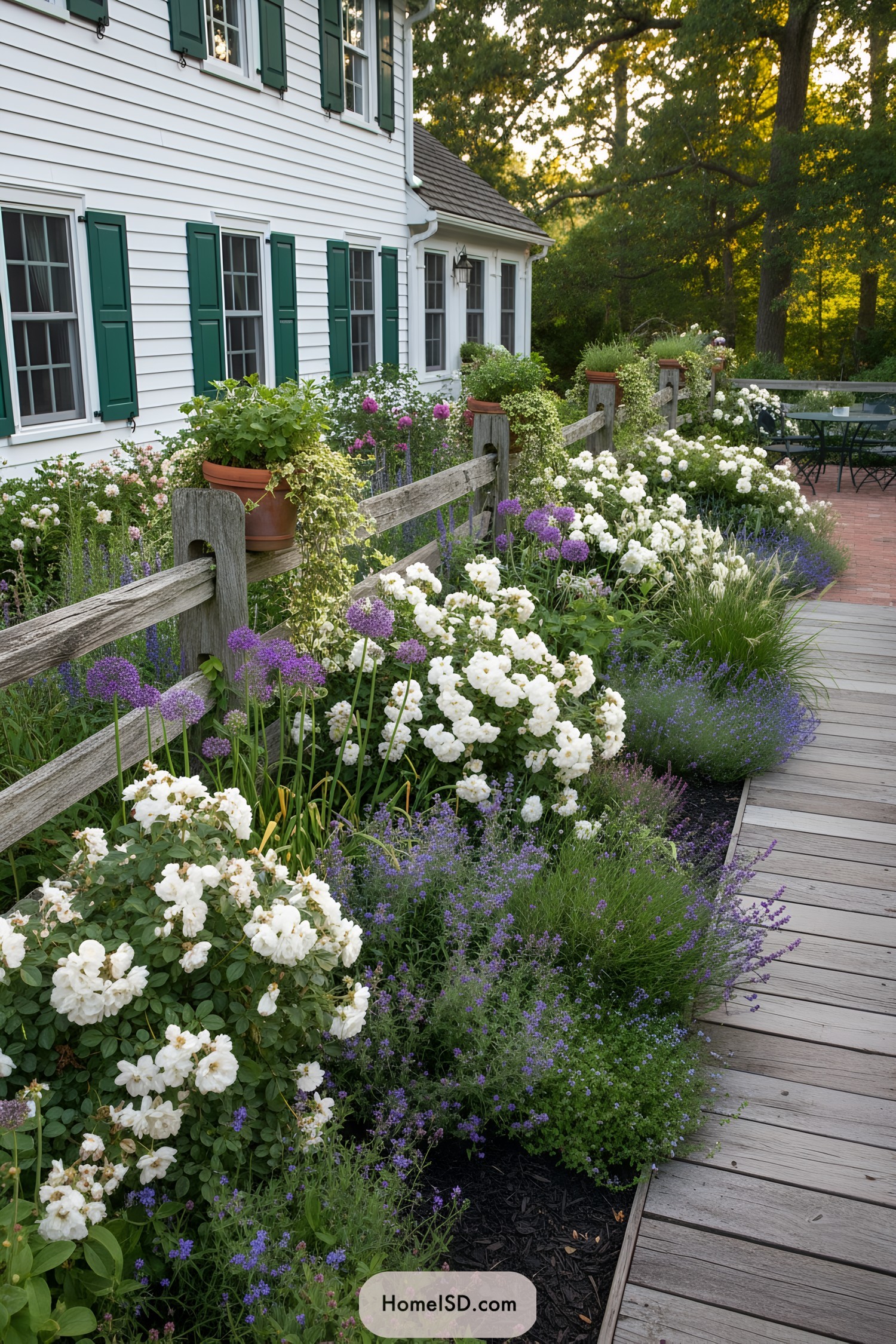 White roses and purple blooms line a rustic fence beside a white house with green shutters and a wooden boardwalk