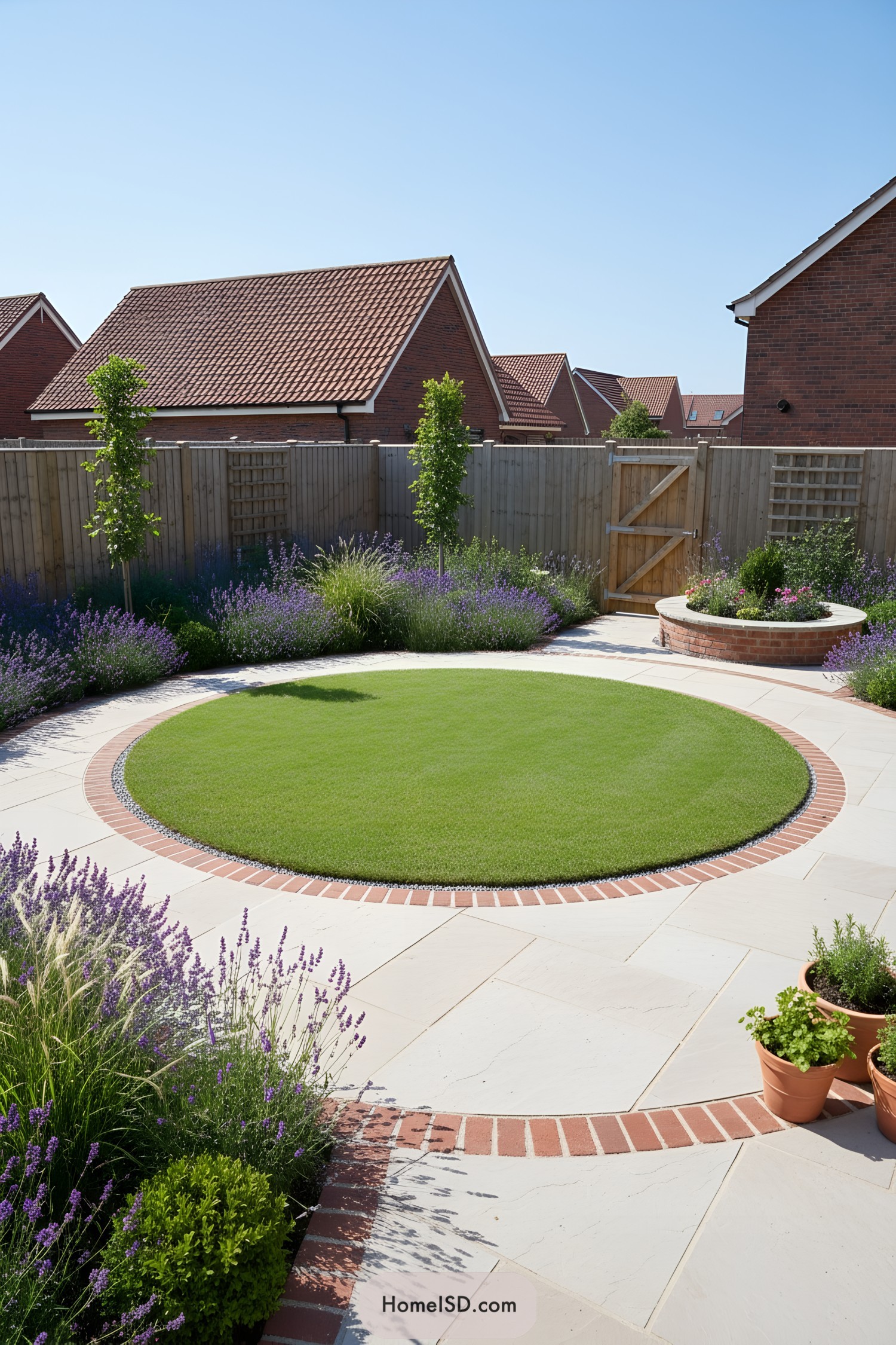Circular lawn with brick-edged paving and lavender