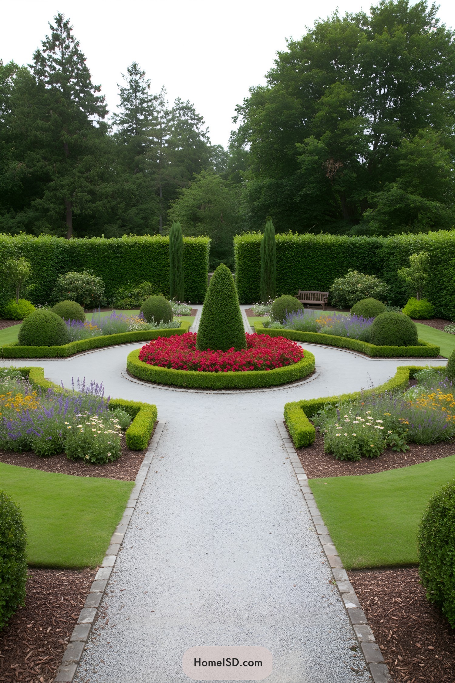 Formal garden with curved gravel paths and central topiary surrounded by flower beds