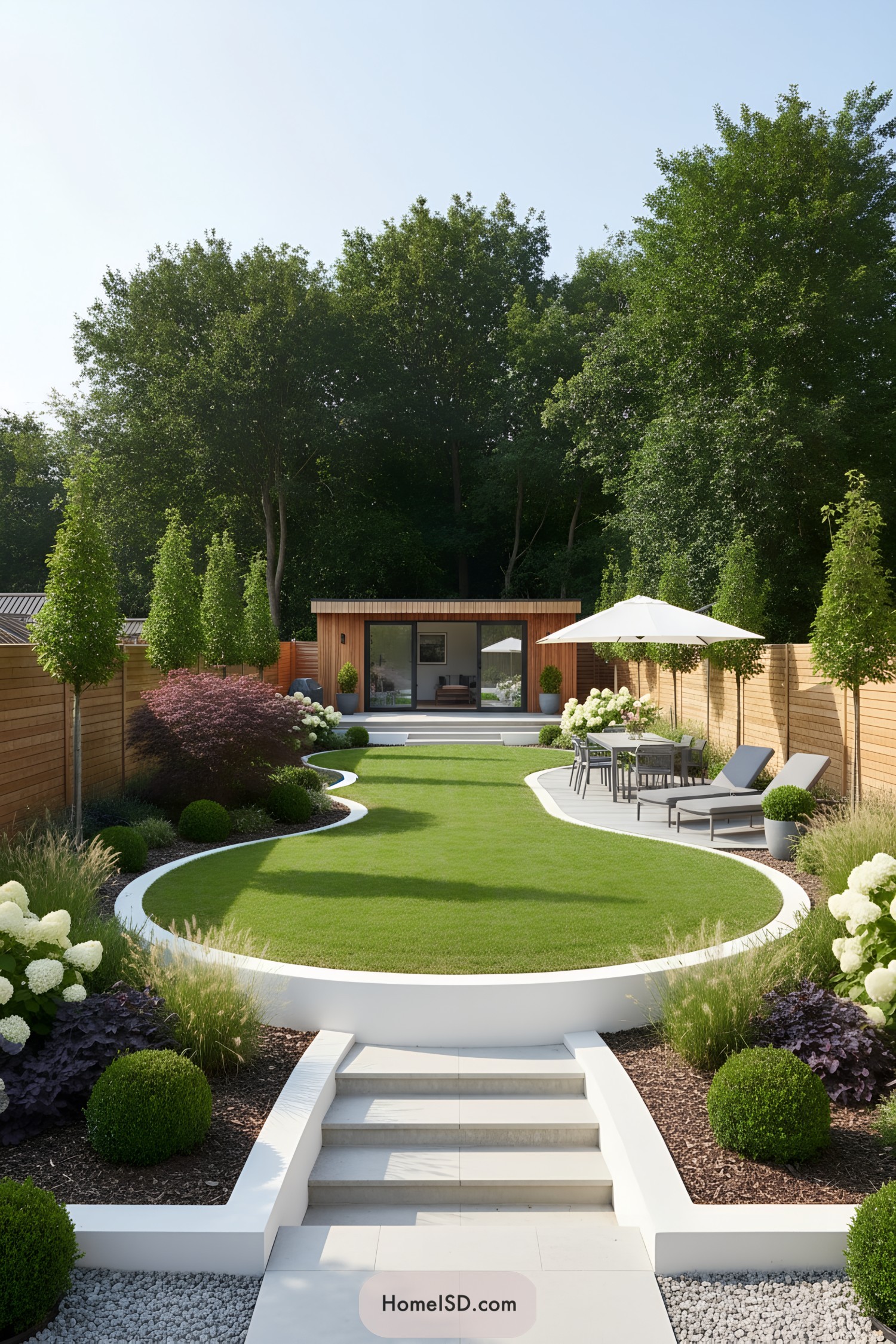 Curved lawn with white edging and patio seating