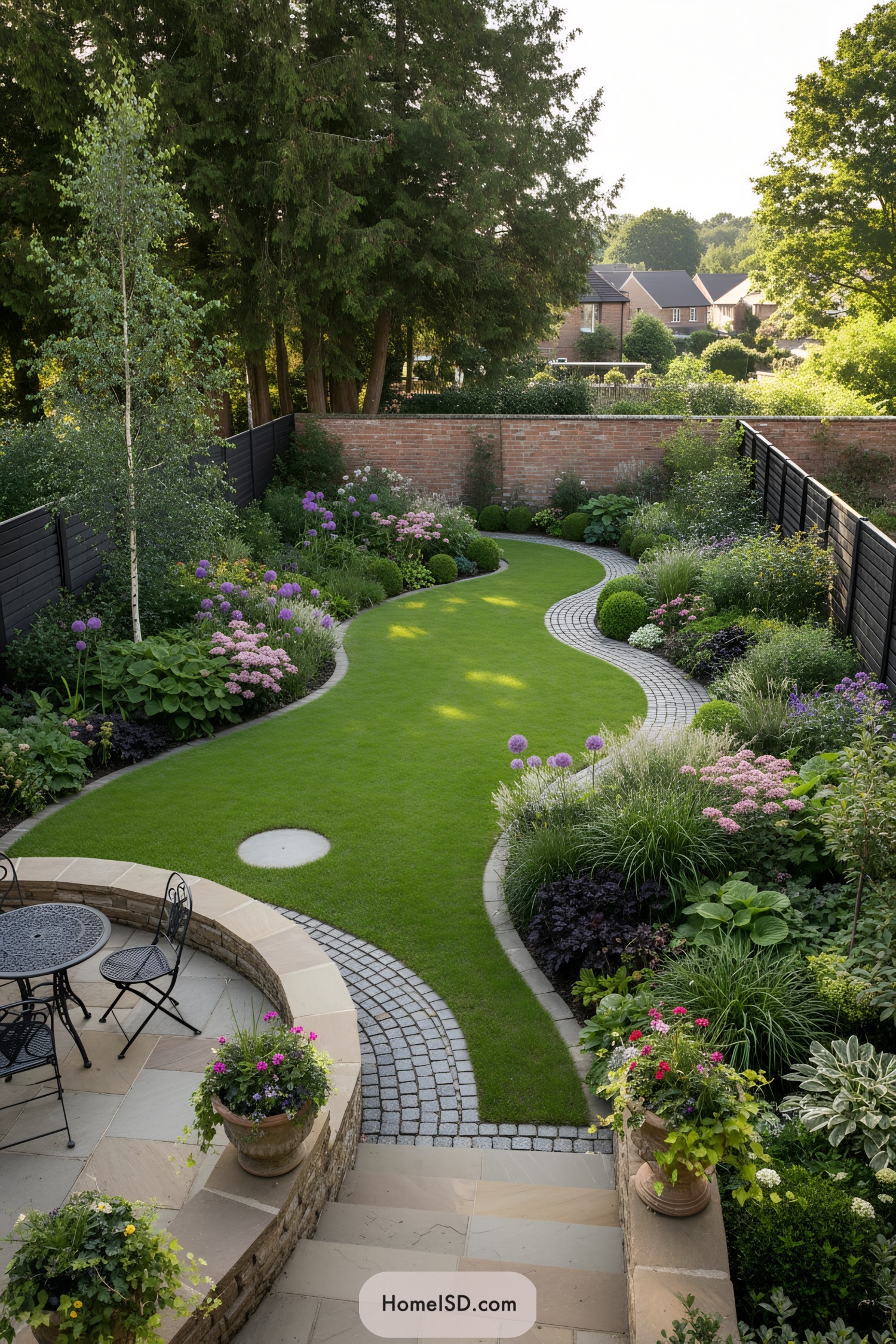 Curving lawn bordered by cobbles and lush planting