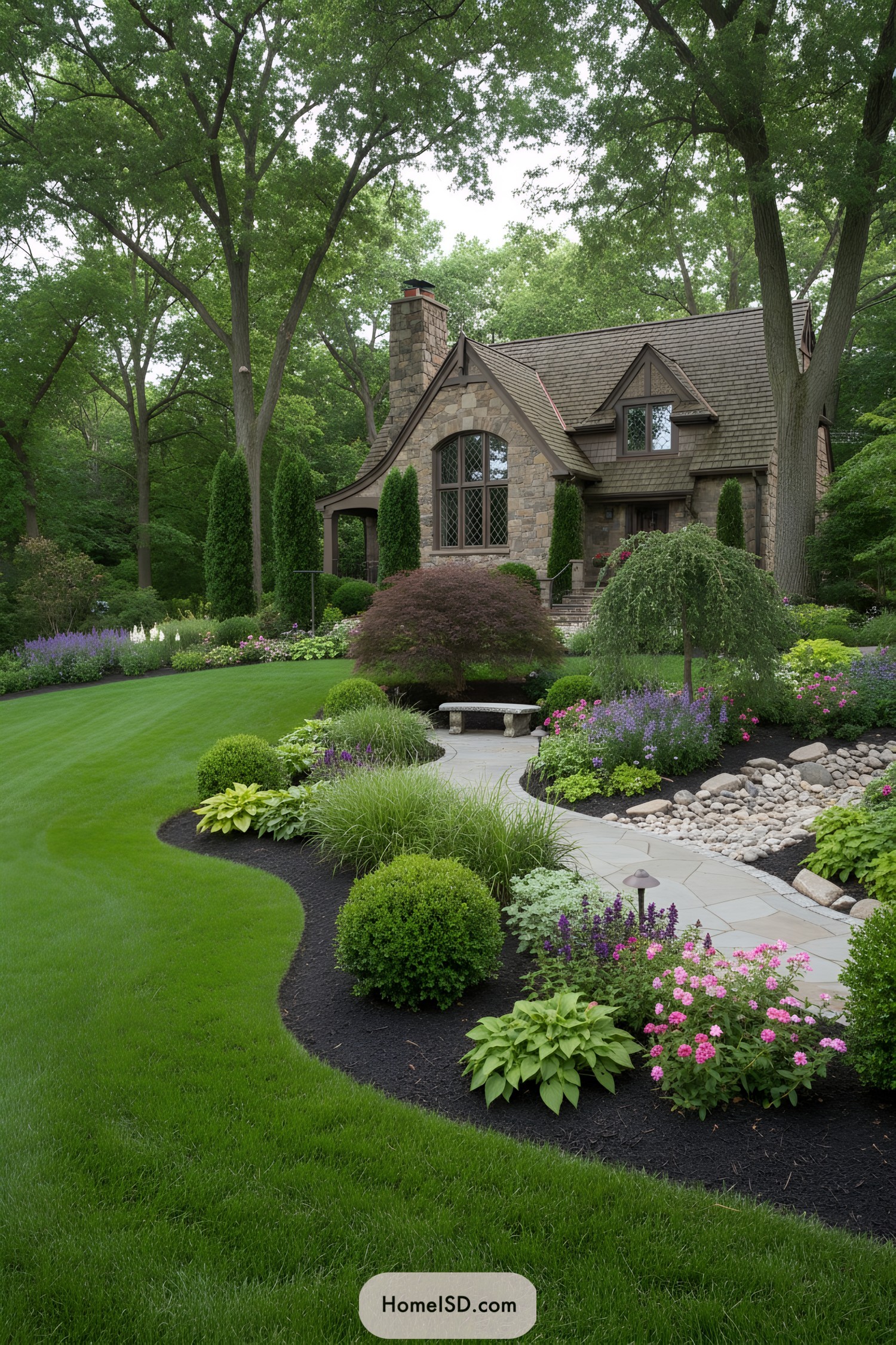 Curved garden path with lush plantings and pebble dry creek
