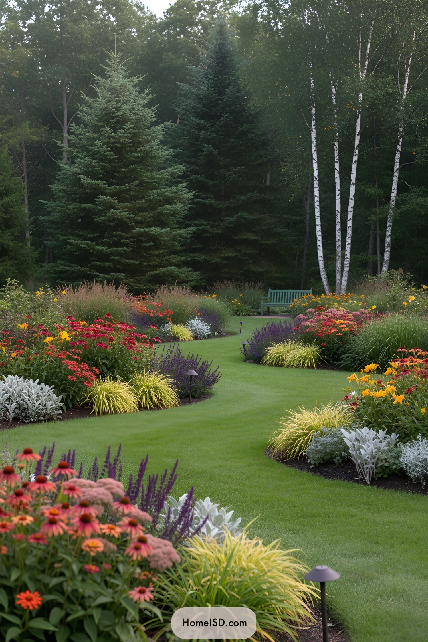 Sinuous lawn flanked by colorful perennials and grasses