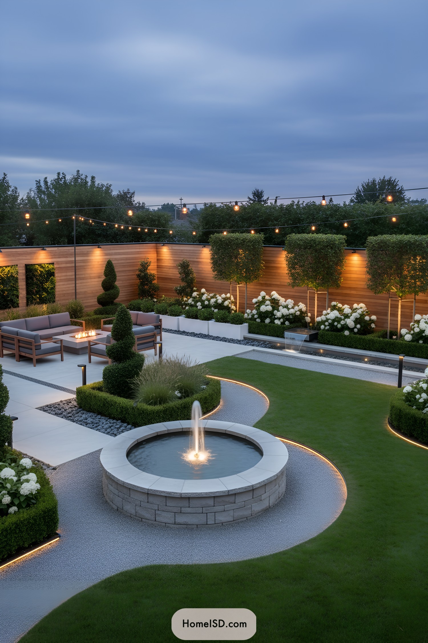 Modern curved lawn with lit edging and fountain