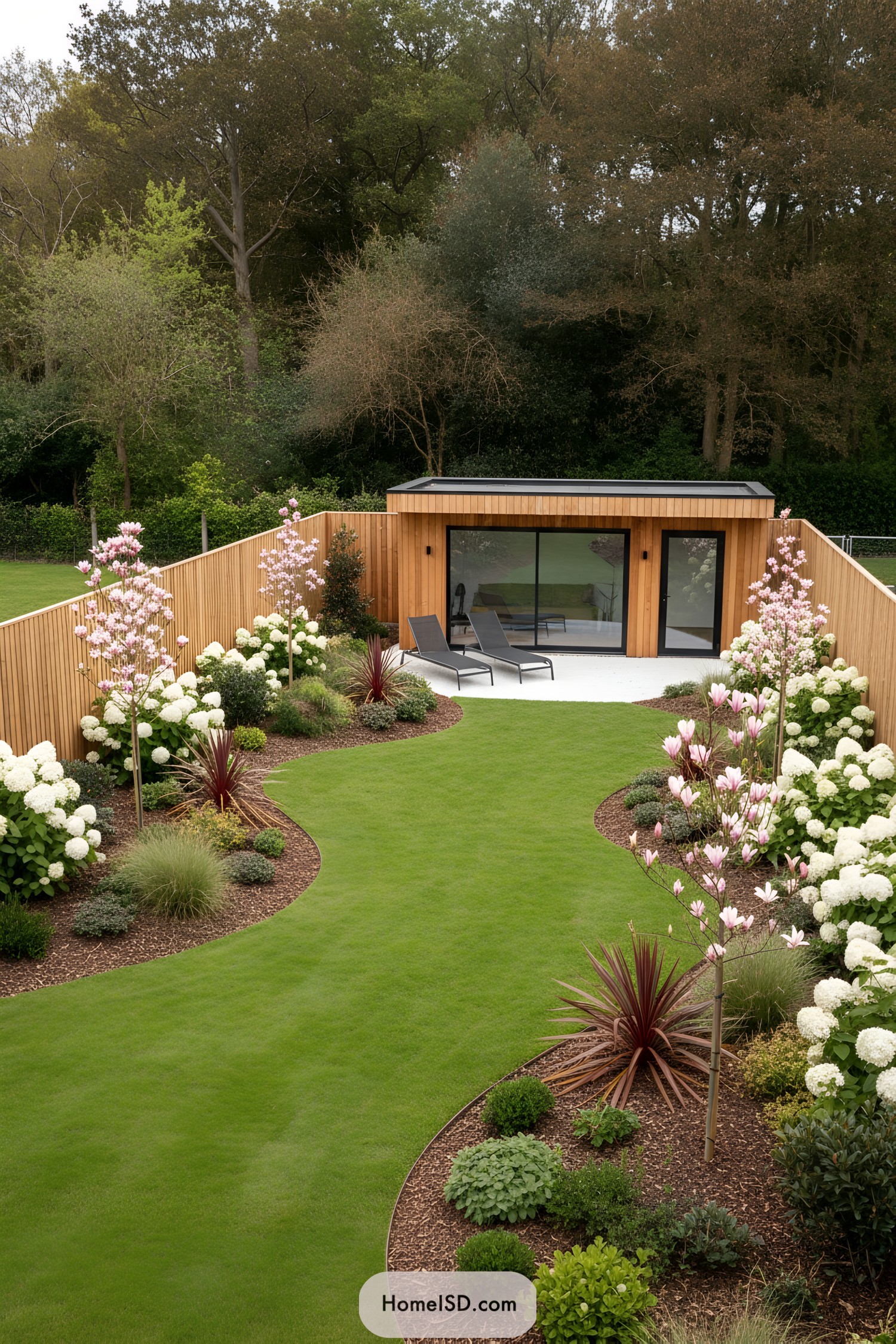 Curved lawn leading to a wood-clad garden studio with flowering borders
