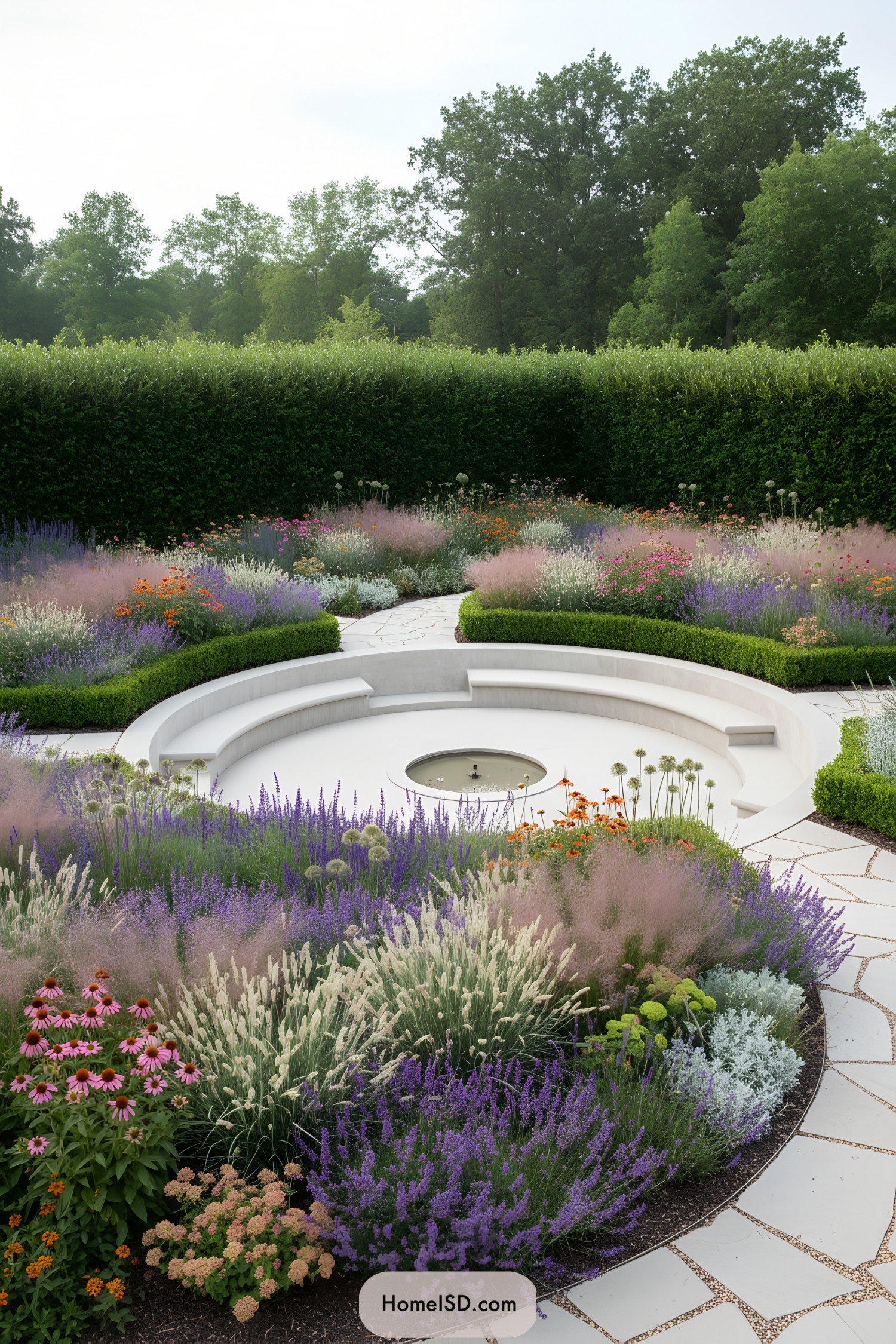 Curved sunken seating with central fountain