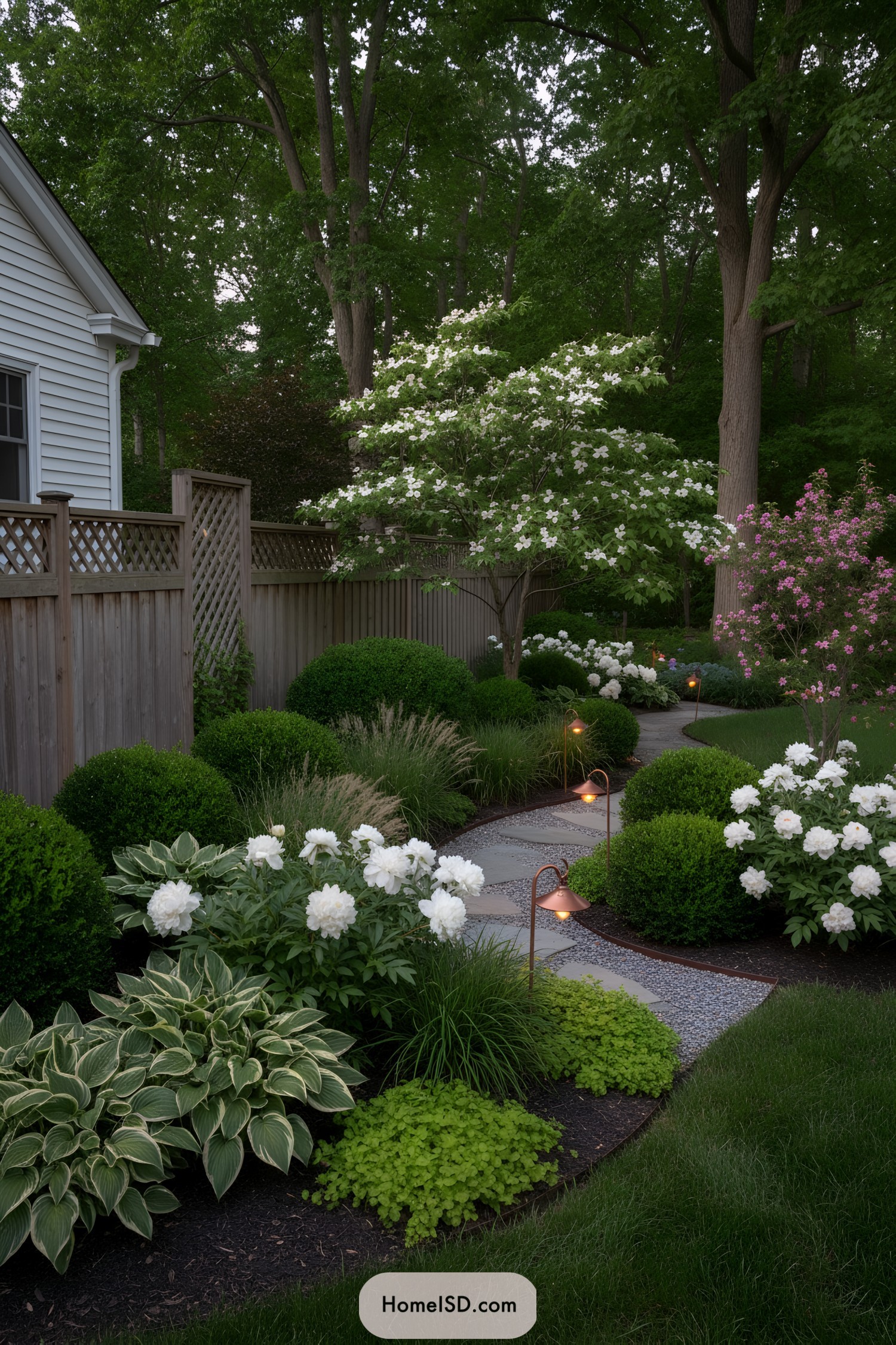 Curved flagstone path with glowing lights amid white and pink flowering shrubs