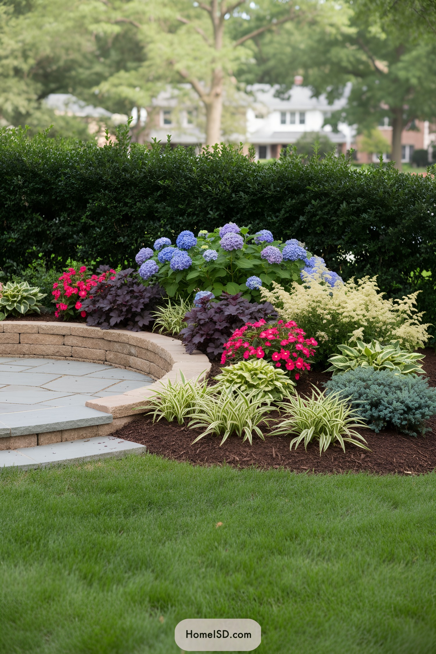 Curved stone patio beside mixed flowering border