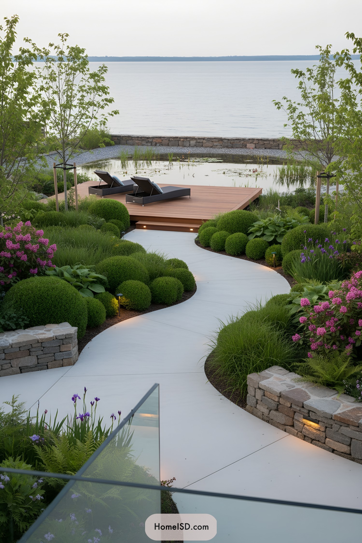 Curved path to wood deck by a pond