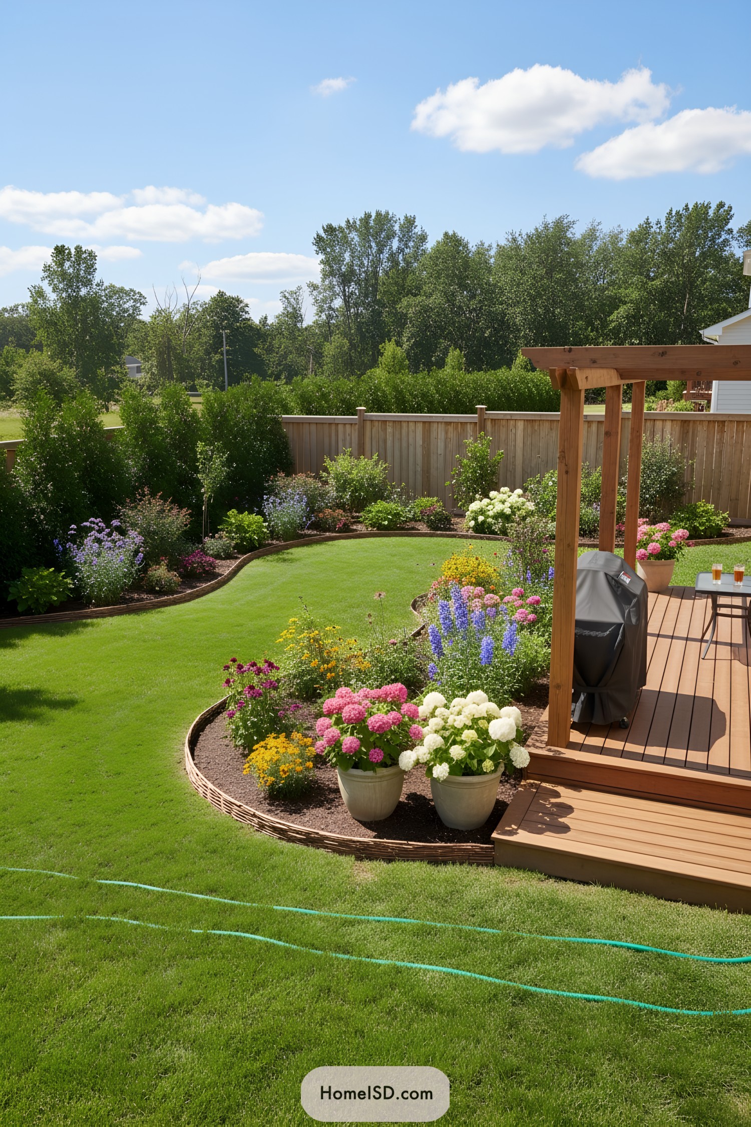 Curved backyard lawn with colorful flowerbeds and deck