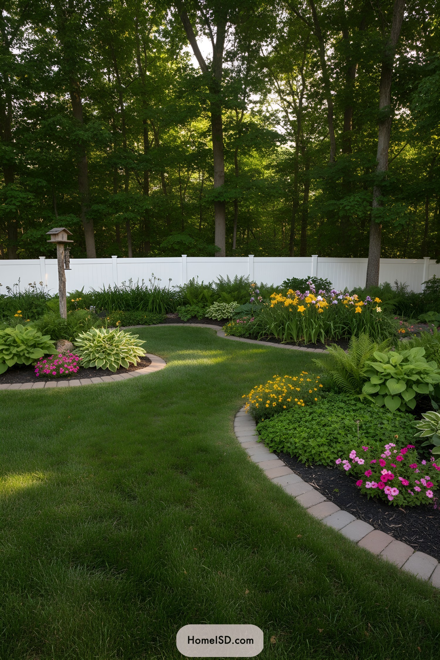 Curving lawn path with flower-filled beds