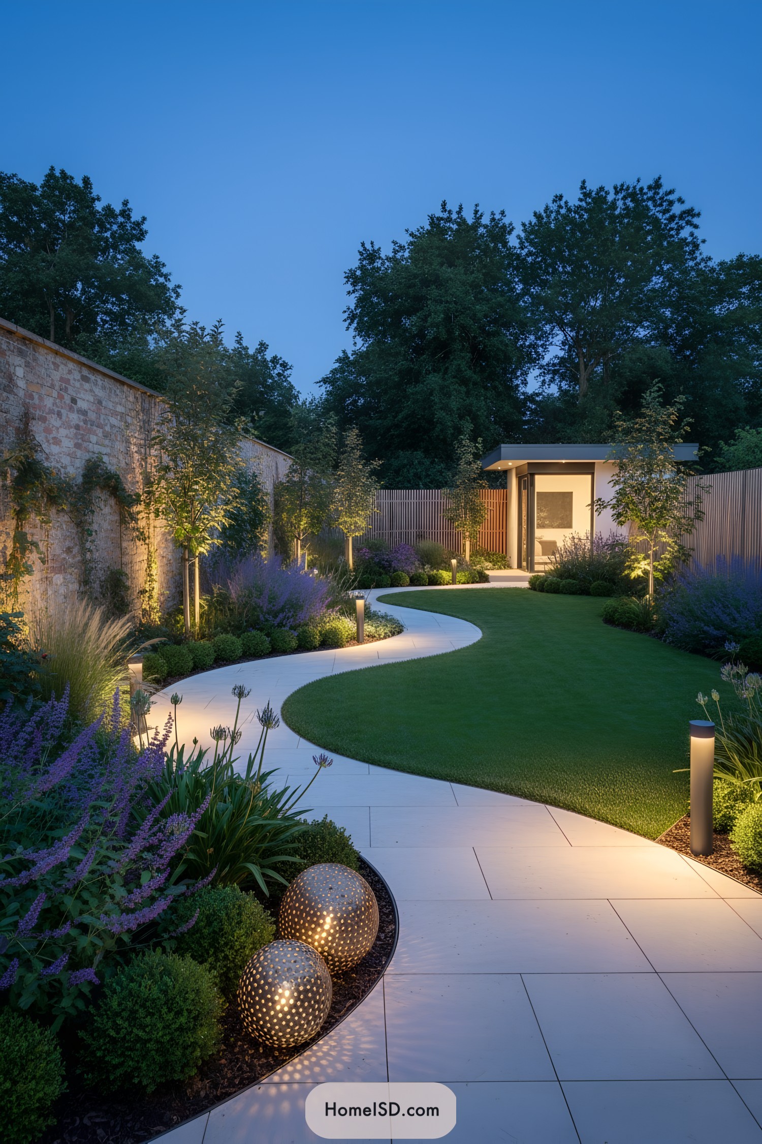 Curved lawn with lit path and modern shed
