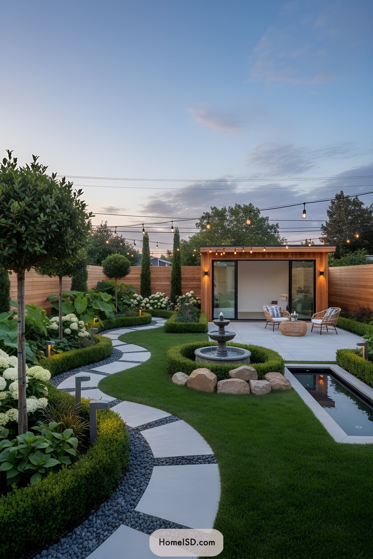 Curved garden path, clipped hedges, and fountain with a modern studio lounge